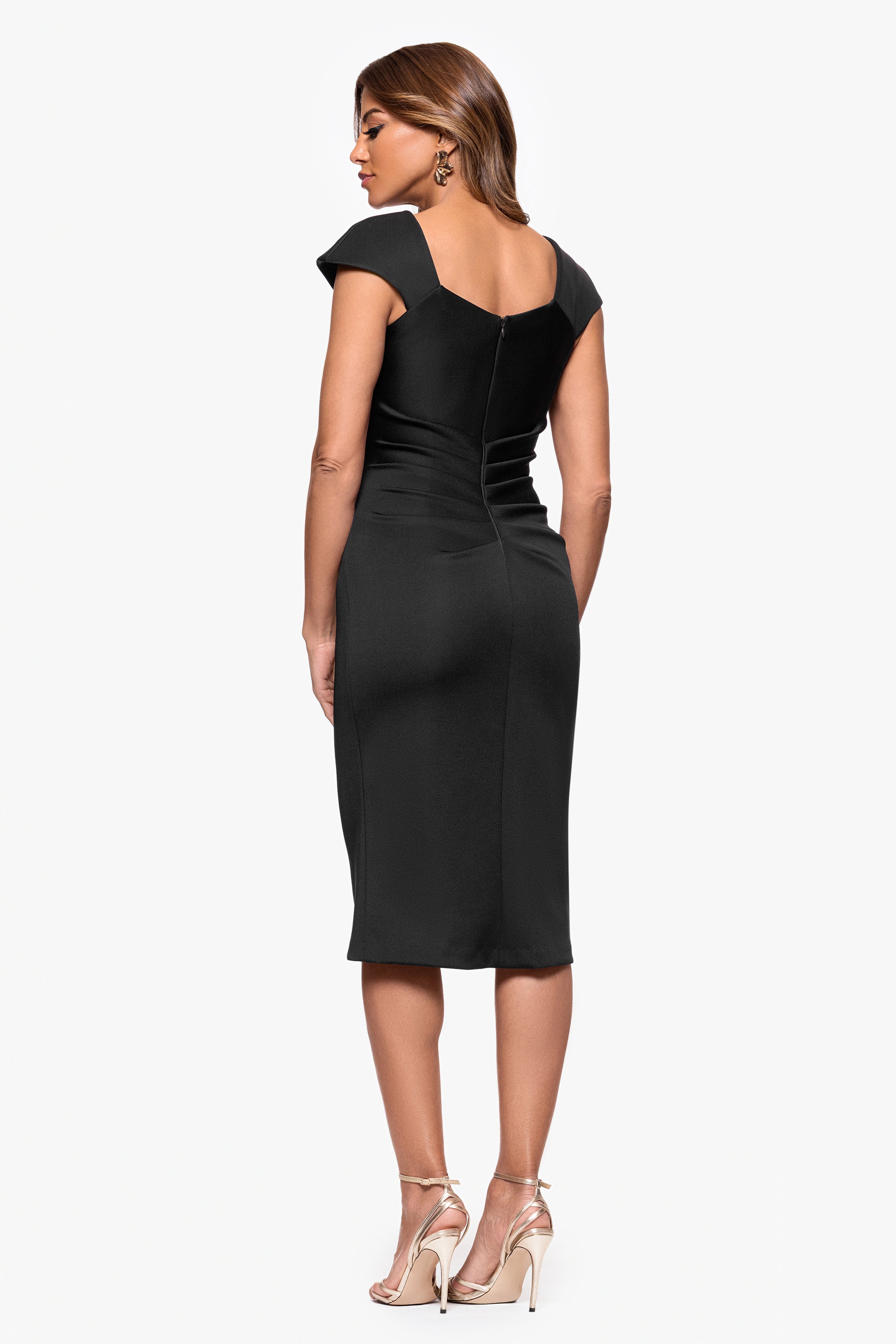 "Lyla" Techno Scuba Asymmetrical Neckline Knee Length Dress