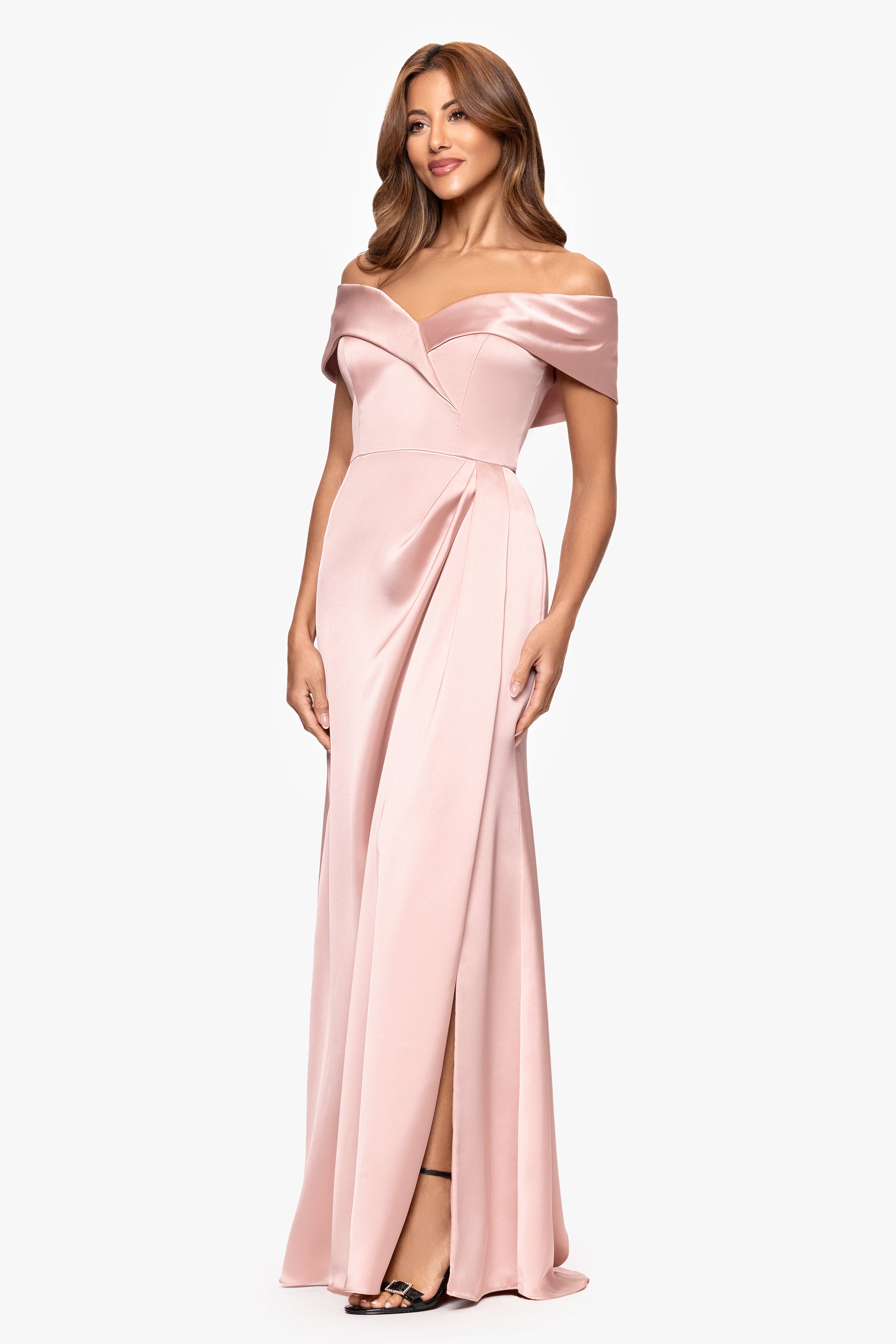 "Daliah" Satin Off the Shoulder Floor Length Dress