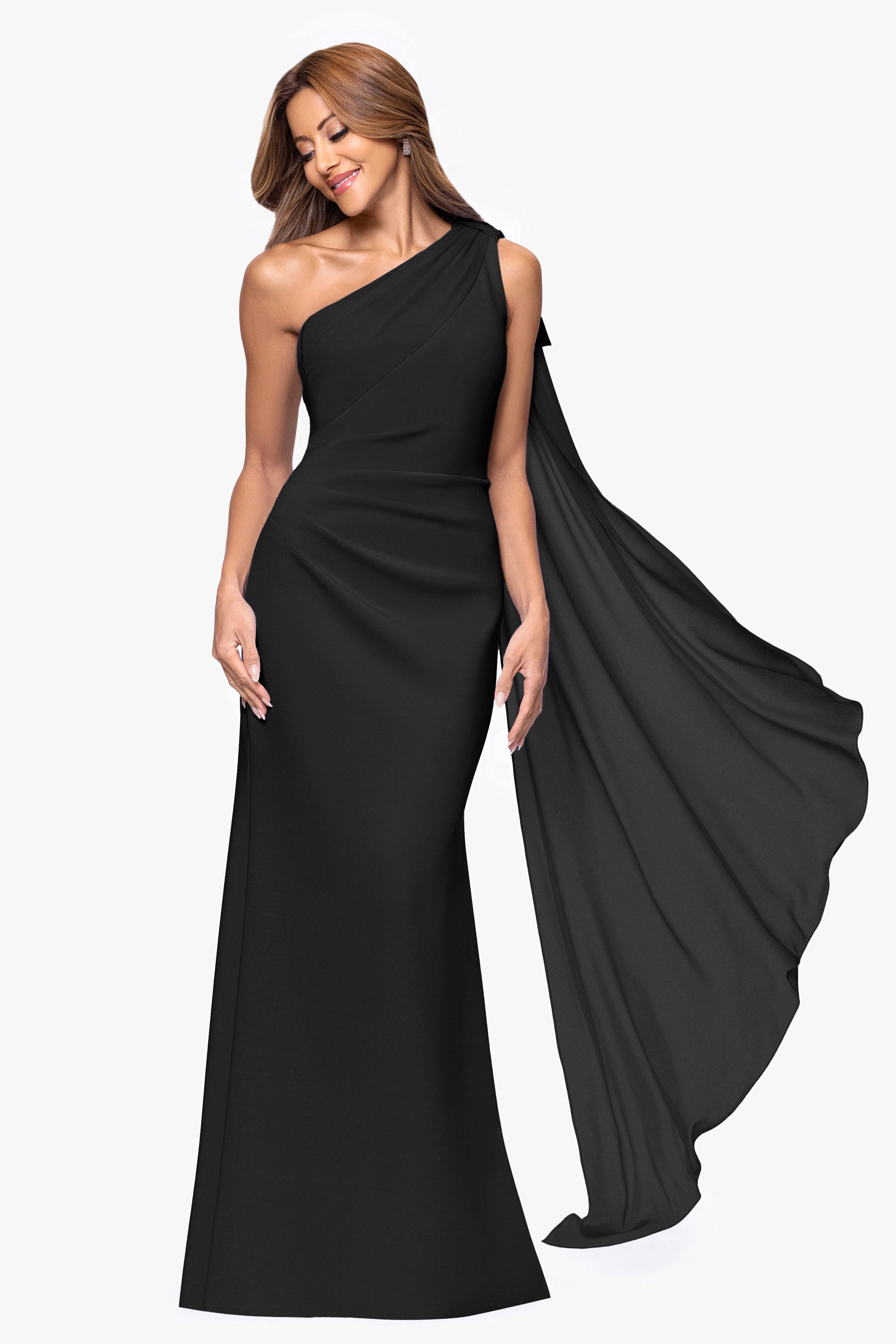 "Gwen" Techno Scuba One Shoulder Sash Floor Length Dress