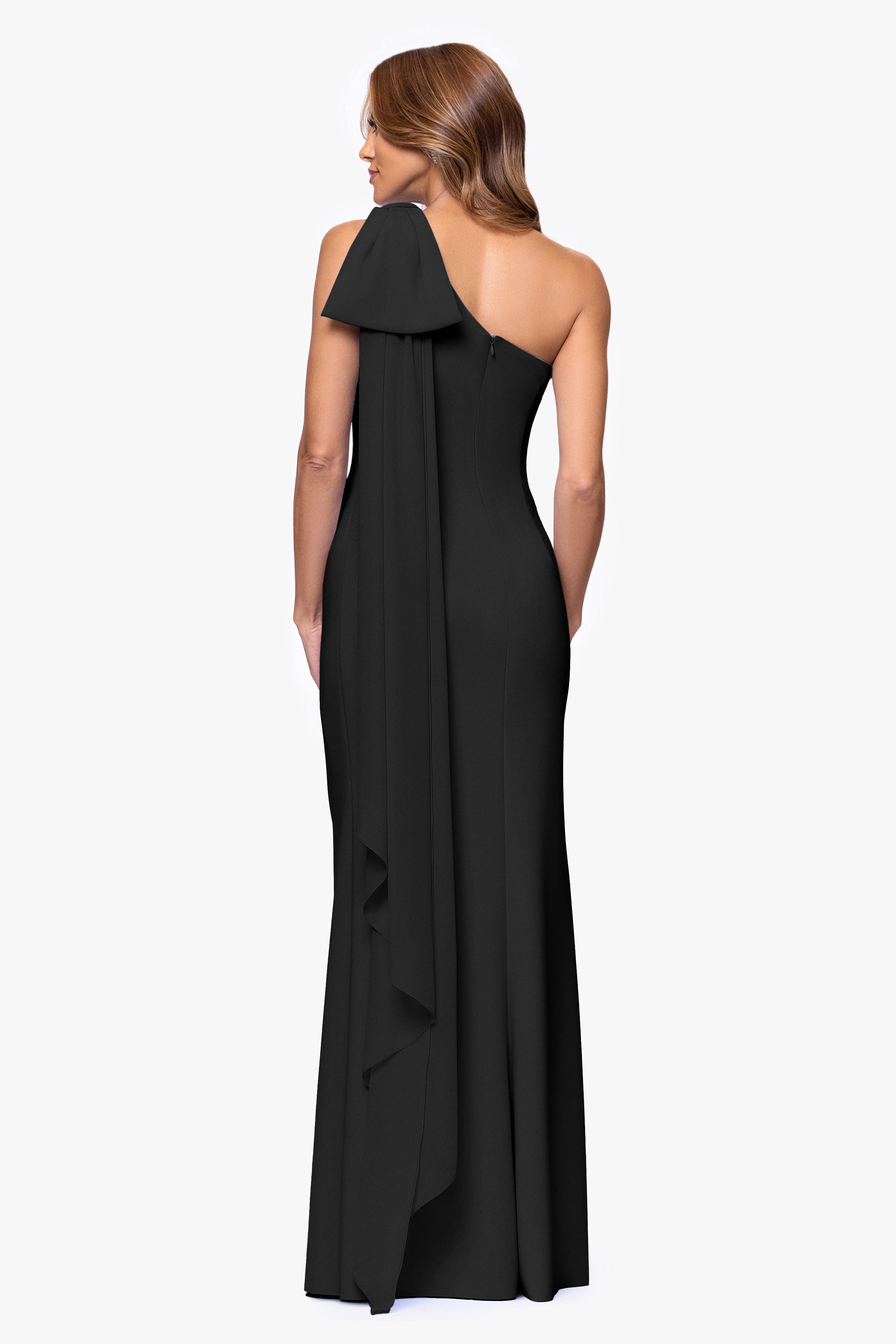 "Gwen" Techno Scuba One Shoulder Sash Floor Length Dress