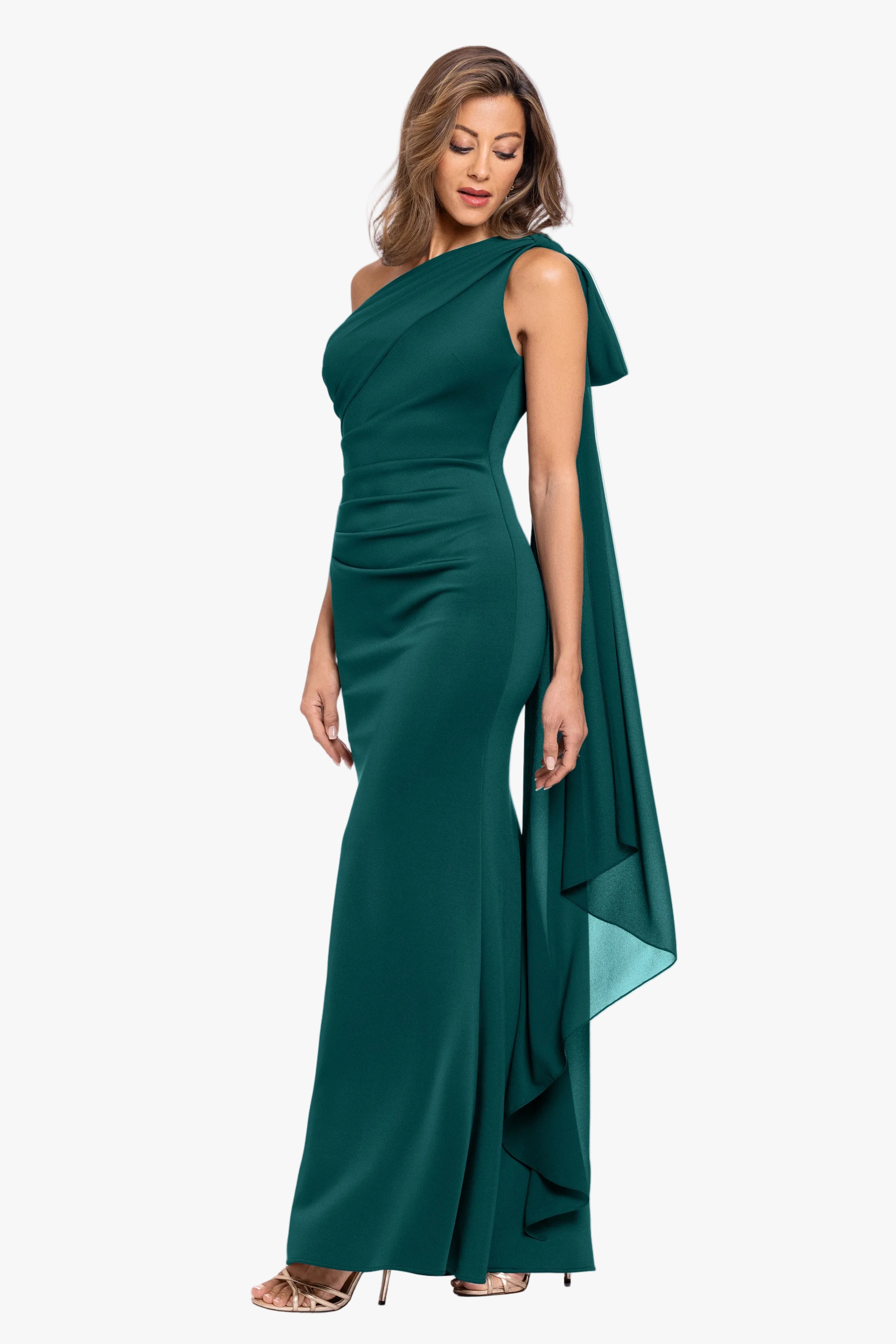 "Gwen" Techno Scuba One Shoulder Sash Dress