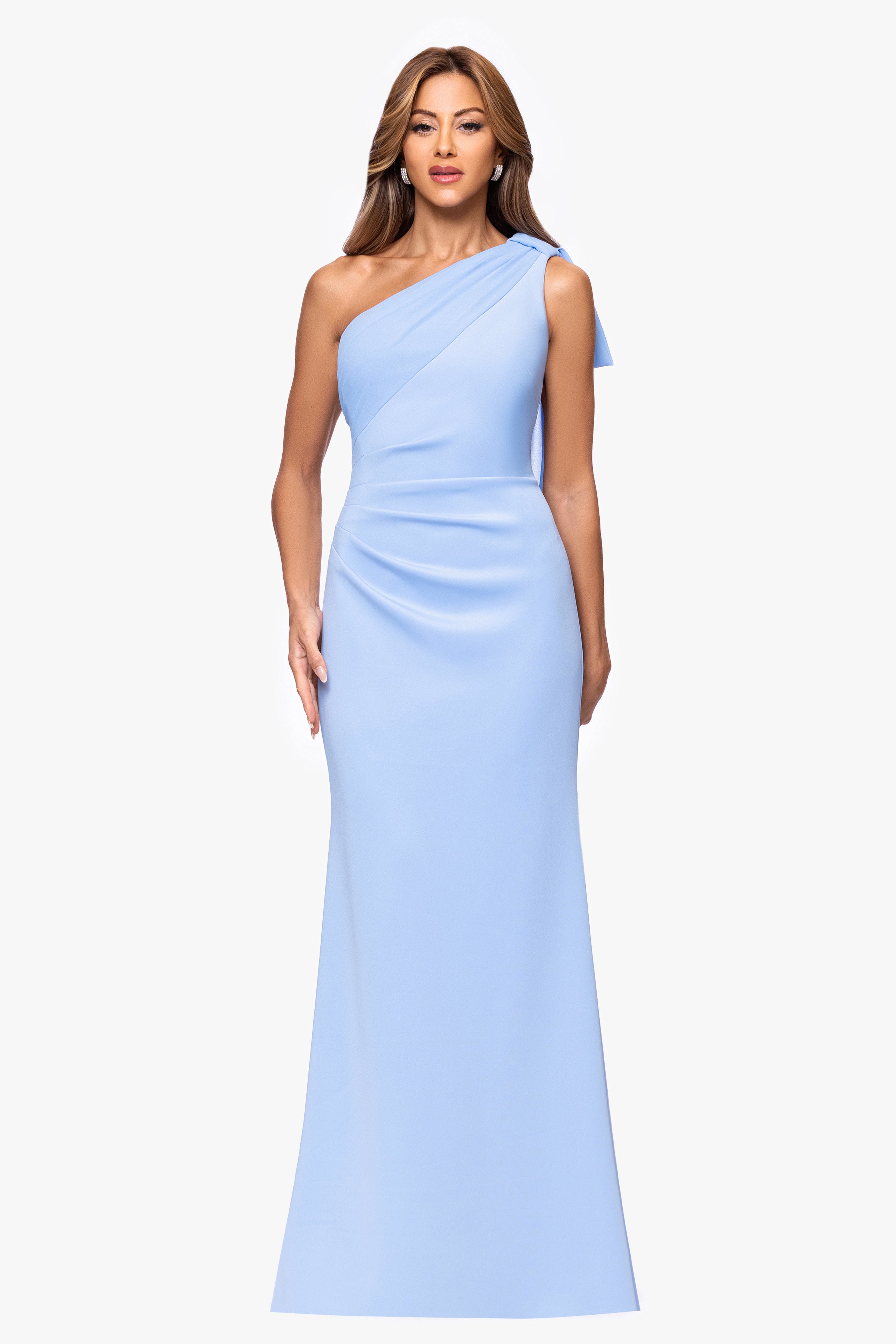 "Gwen" Techno Scuba One Shoulder Sash Floor Length Dress