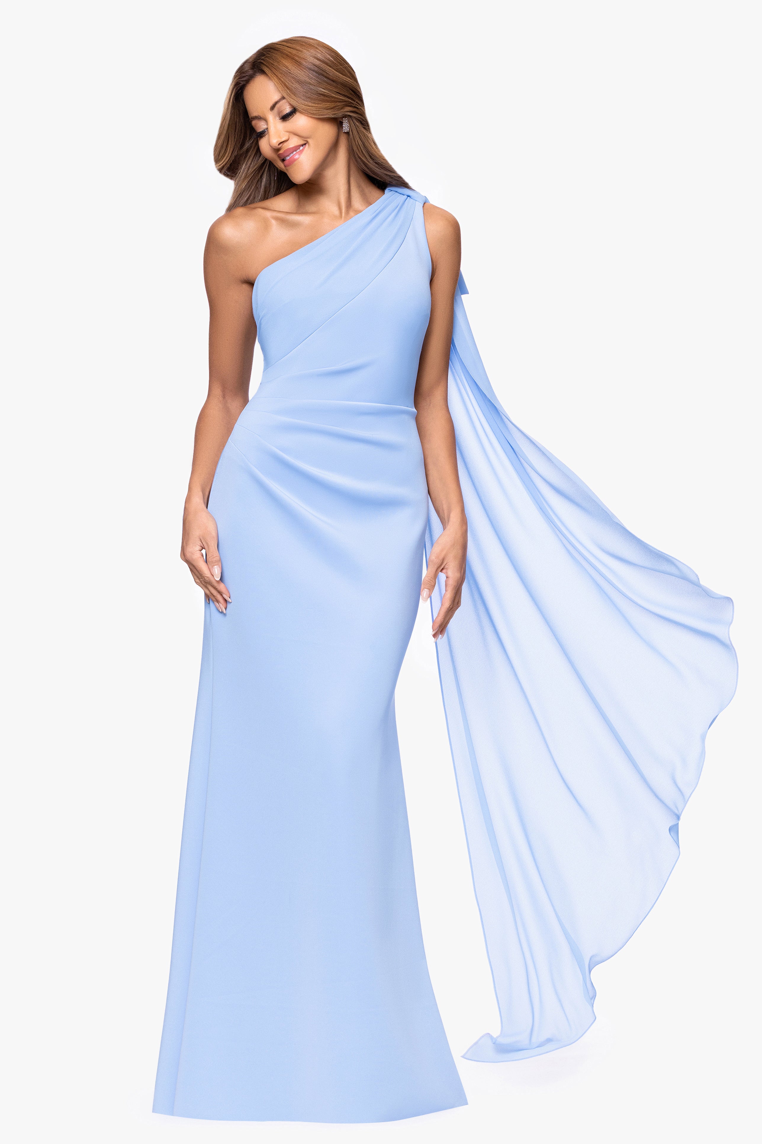 "Gwen" Techno Scuba One Shoulder Sash Floor Length Dress