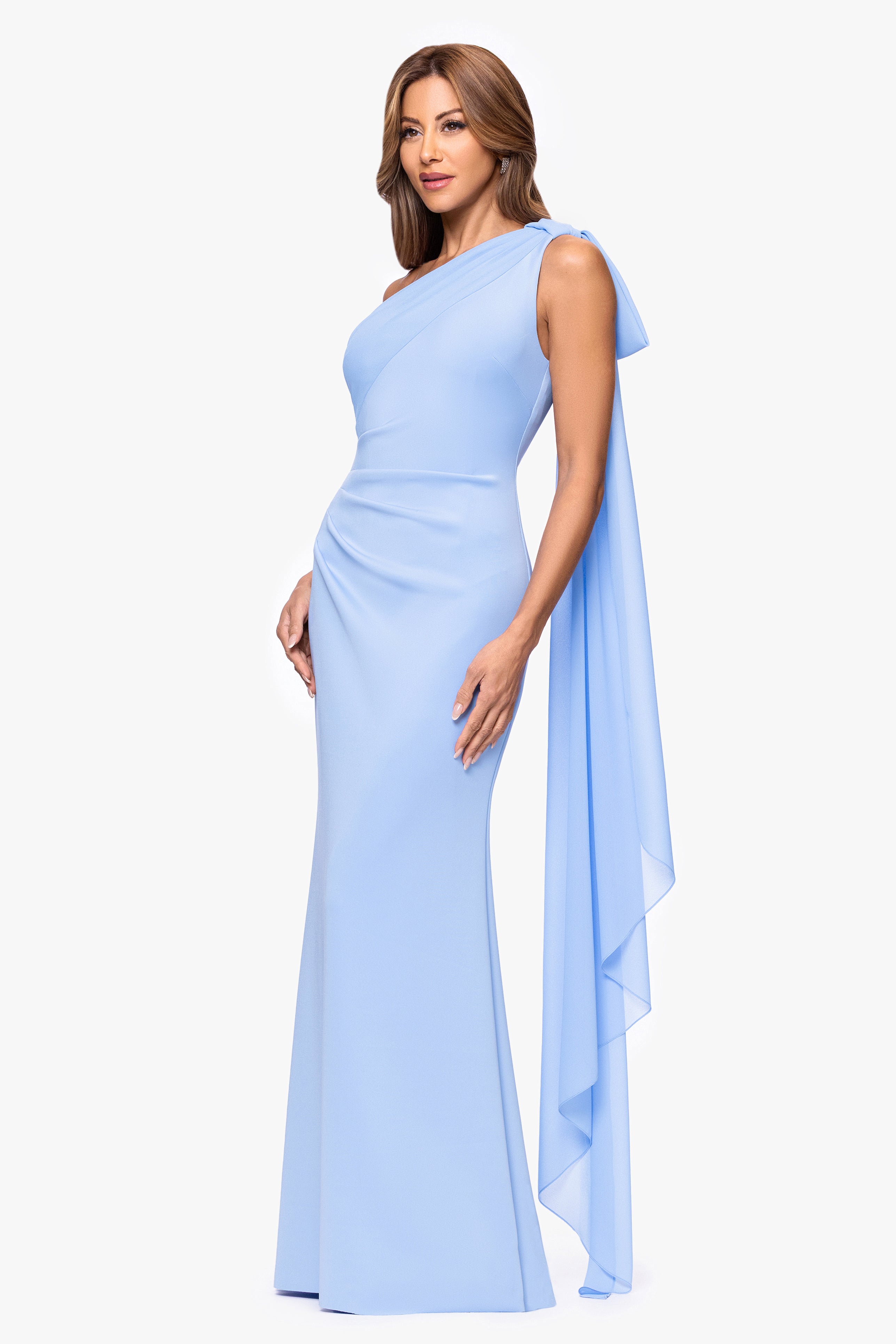 "Gwen" Techno Scuba One Shoulder Sash Floor Length Dress