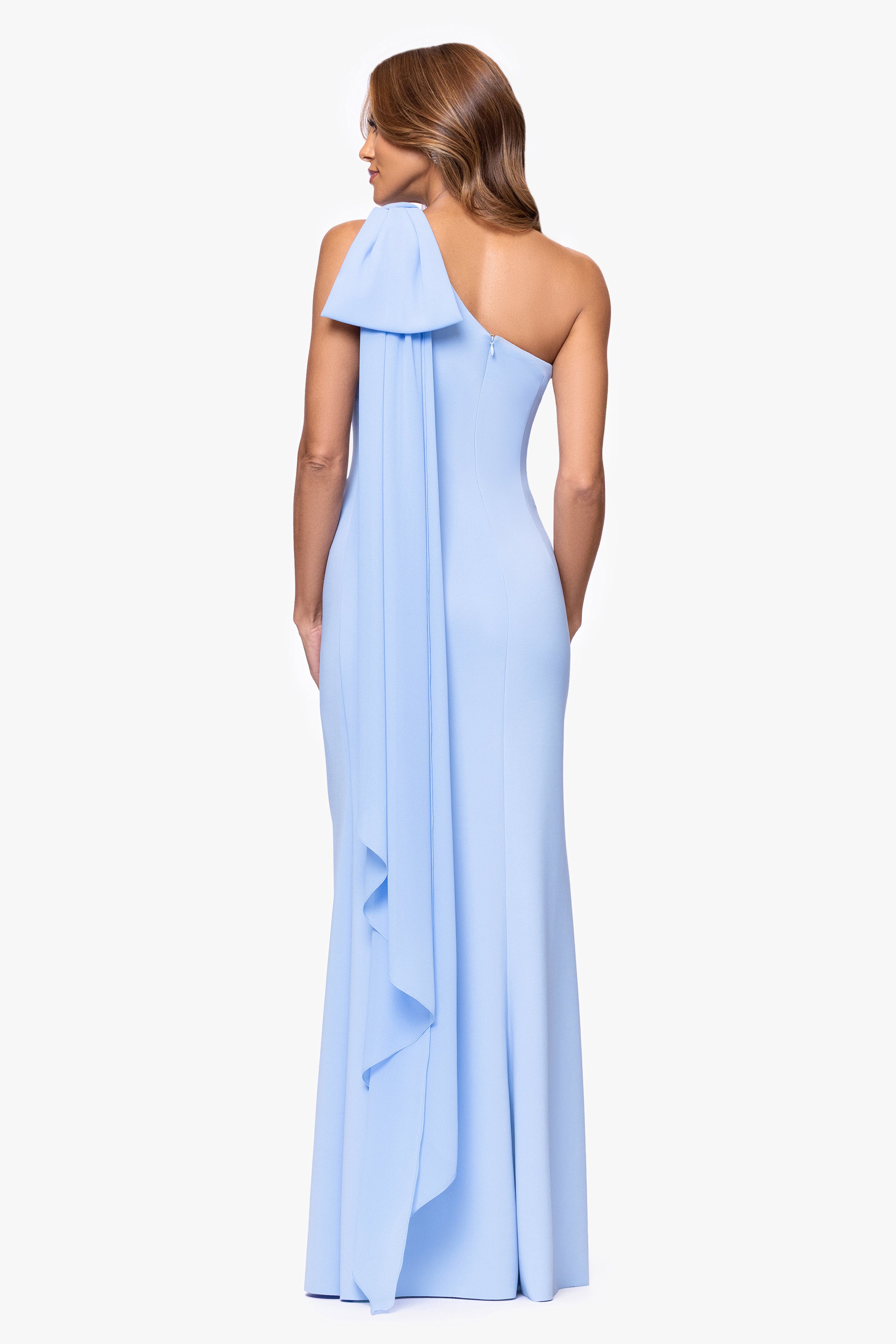 "Gwen" Techno Scuba One Shoulder Sash Floor Length Dress