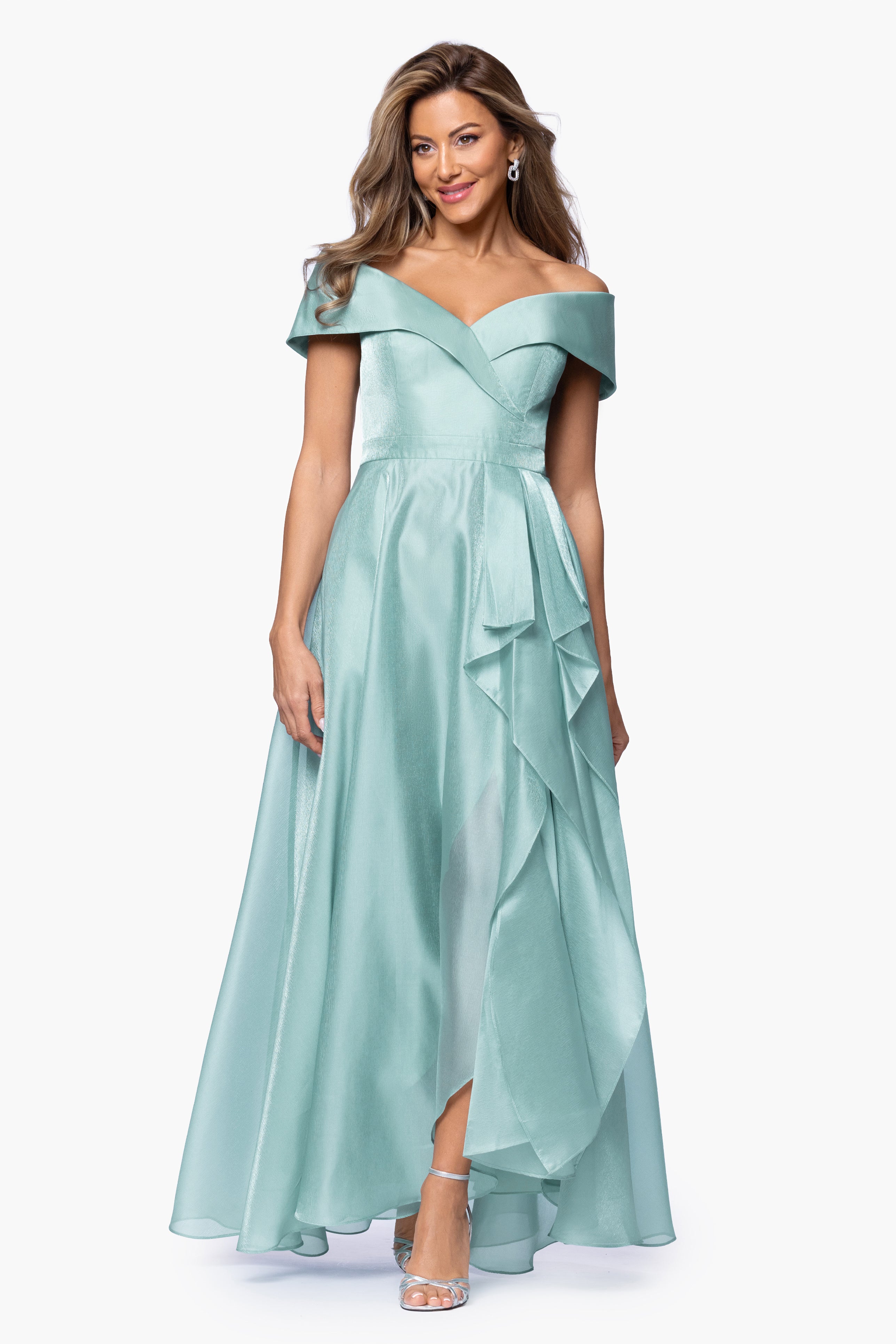 "Gina" Organza Off the Shoulder Ruffle Floor Length Dress