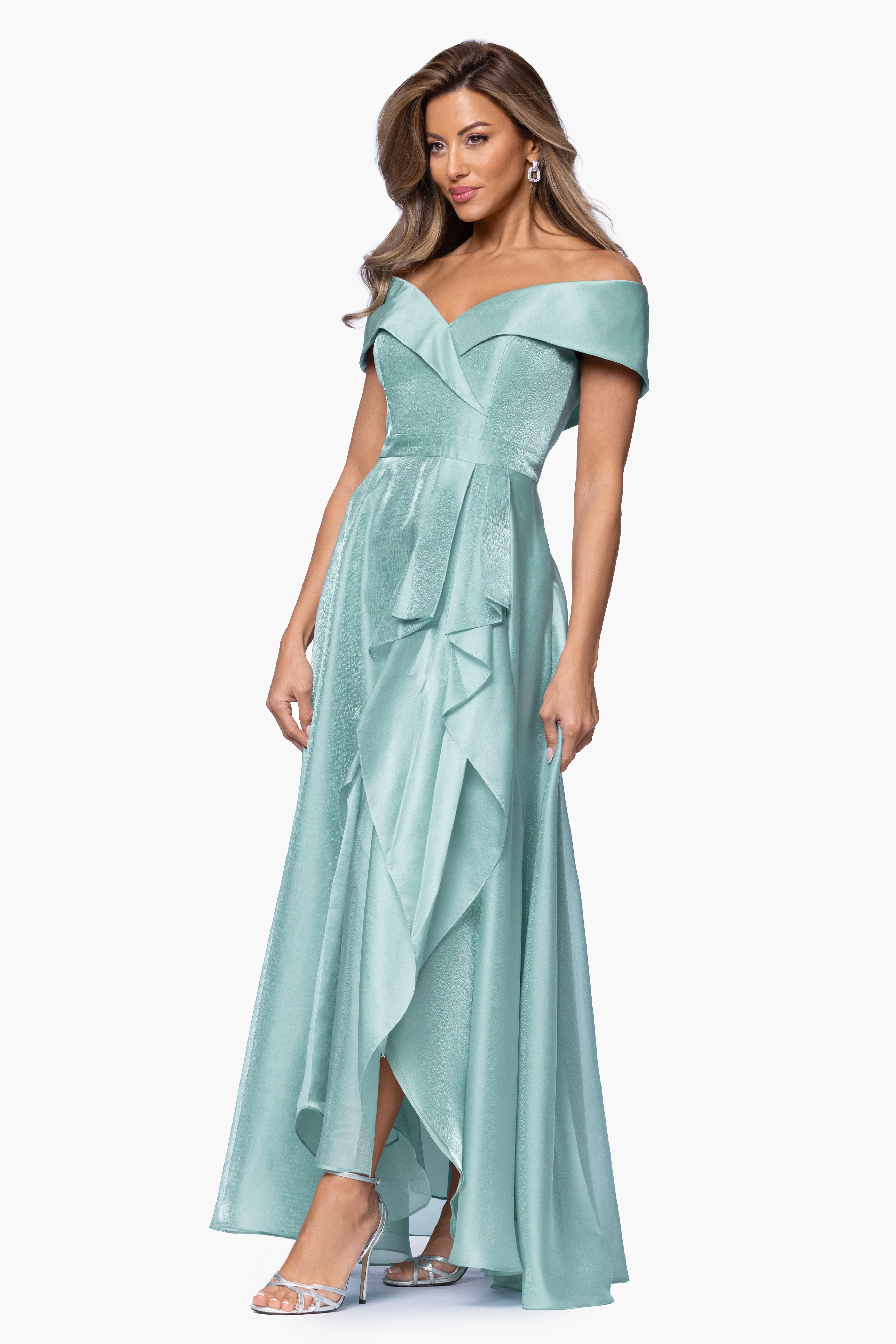 "Gina" Organza Off the Shoulder Ruffle Floor Length Dress