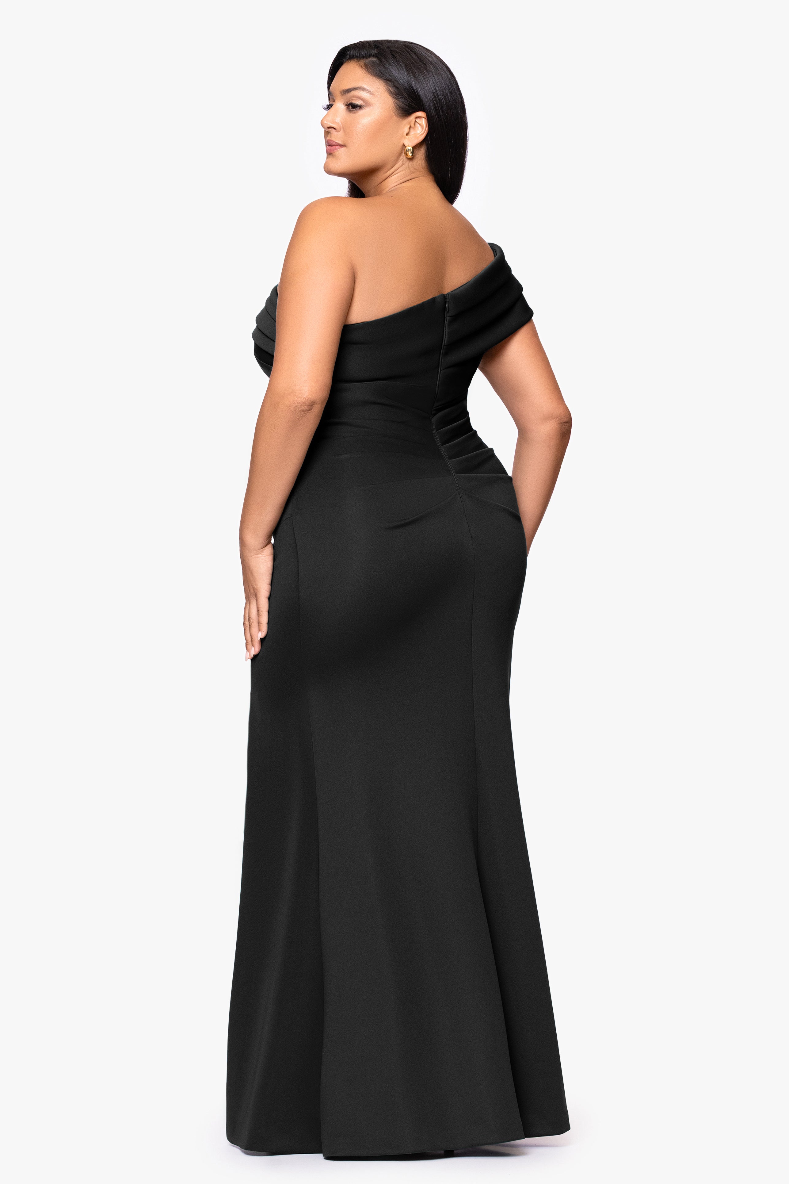 Plus "Whitney" Techno Scuba One Shoulder Off the Shoulder Floor Length Dress