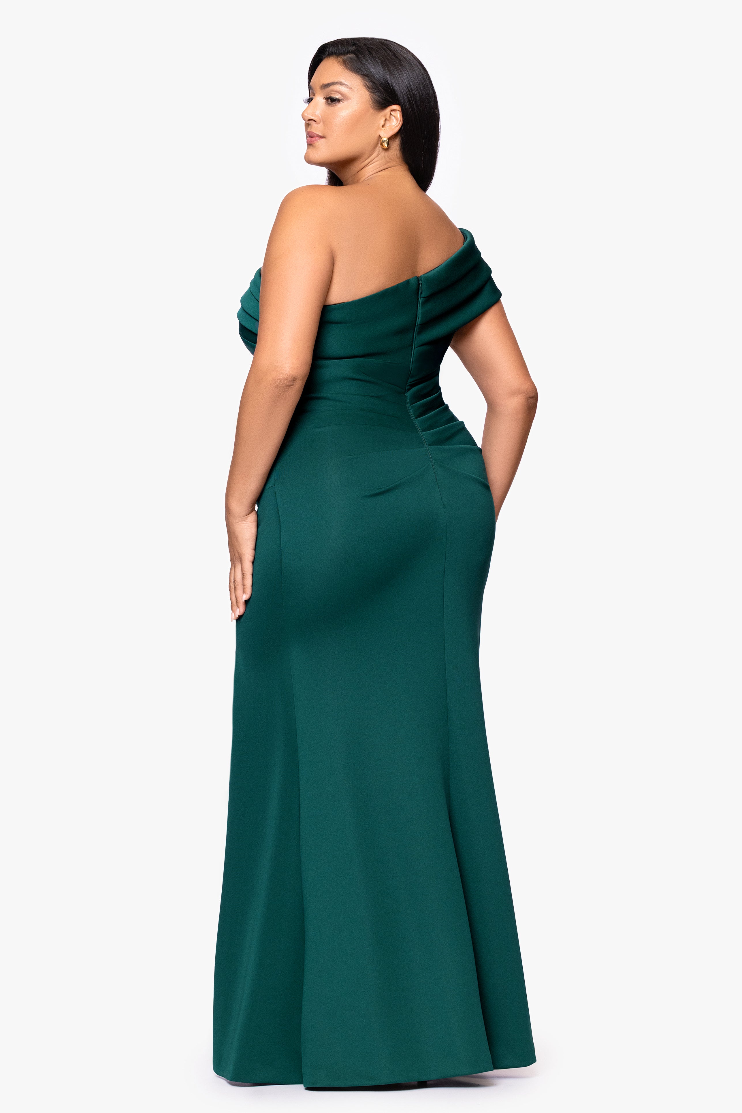 Plus "Whitney" Techno Scuba One Shoulder Off the Shoulder Floor Length Dress