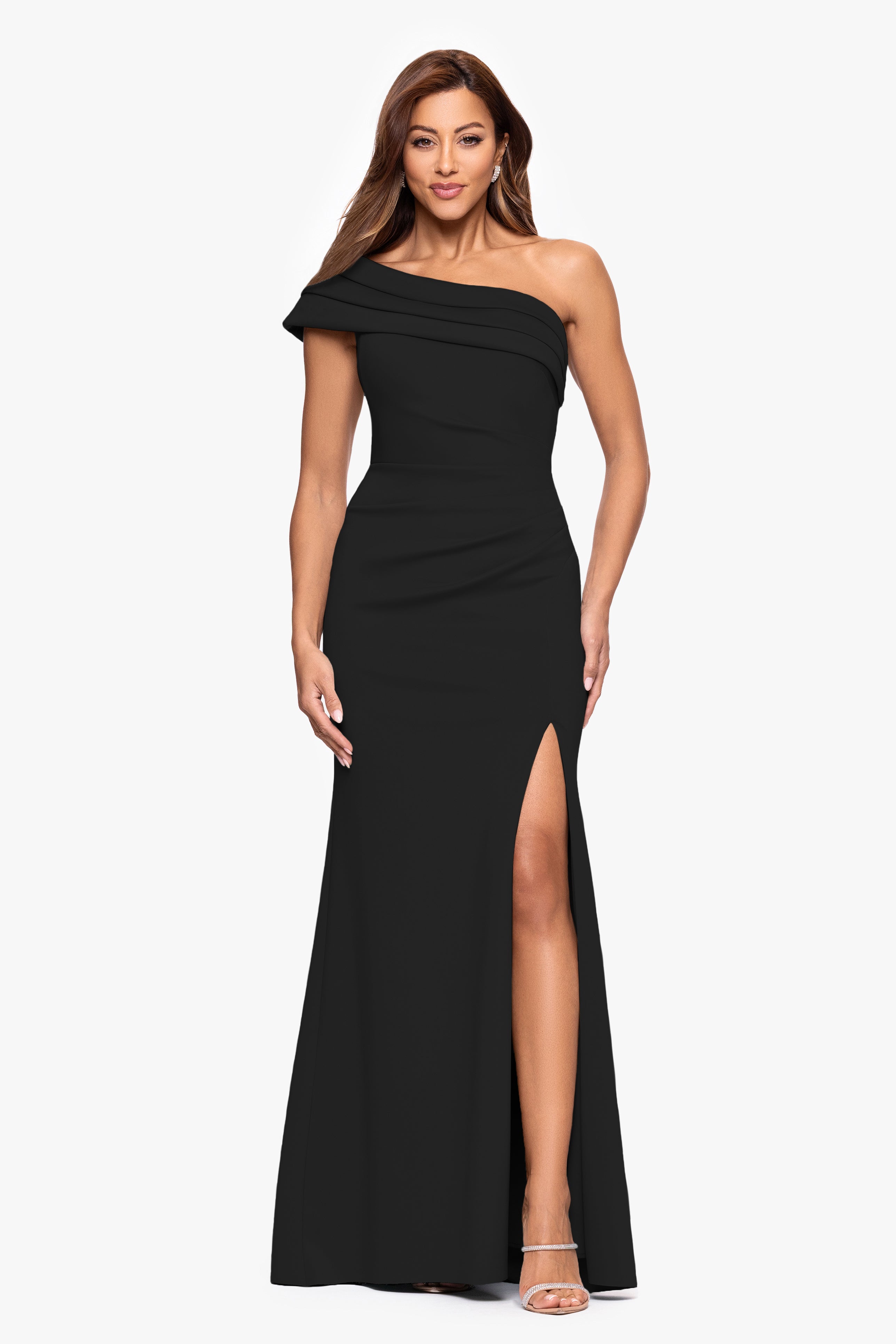 "Whitney" Techno Scuba One Shoulder Off the Shoulder Floor Length Dress