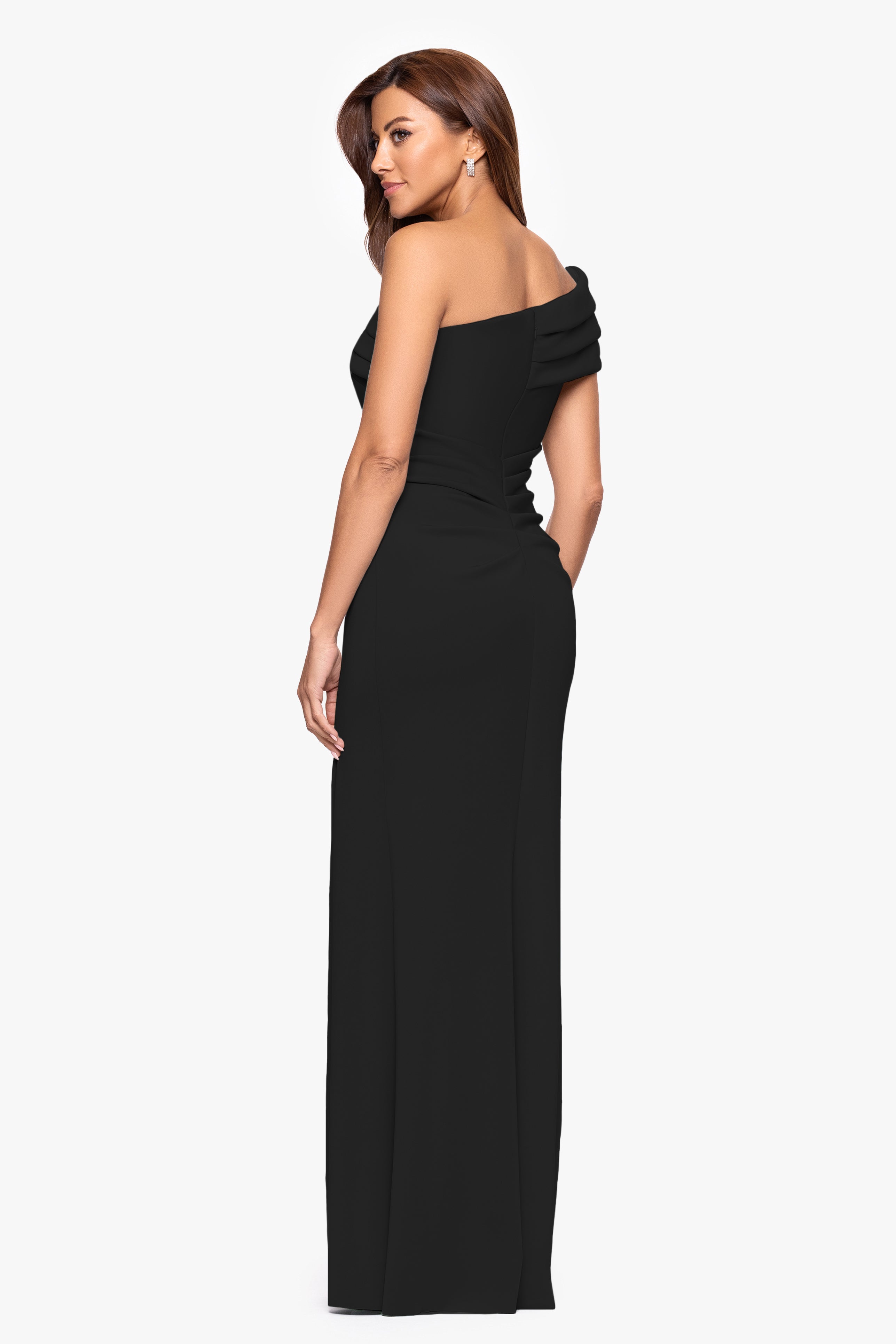 "Whitney" Techno Scuba One Shoulder Off the Shoulder Floor Length Dress