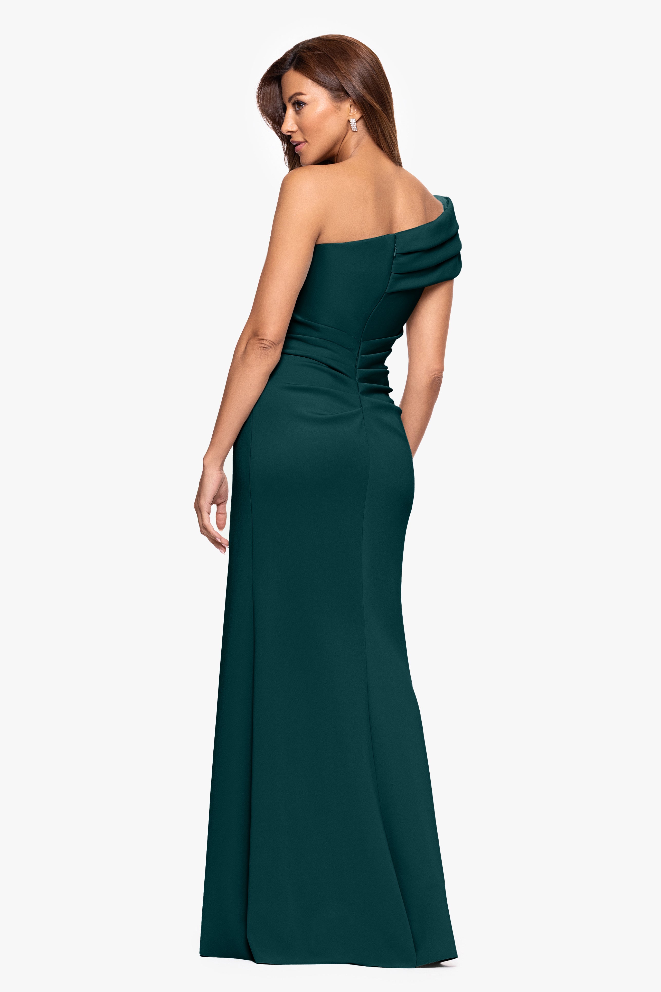 "Whitney" Techno Scuba One Shoulder Off the Shoulder Floor Length Dress