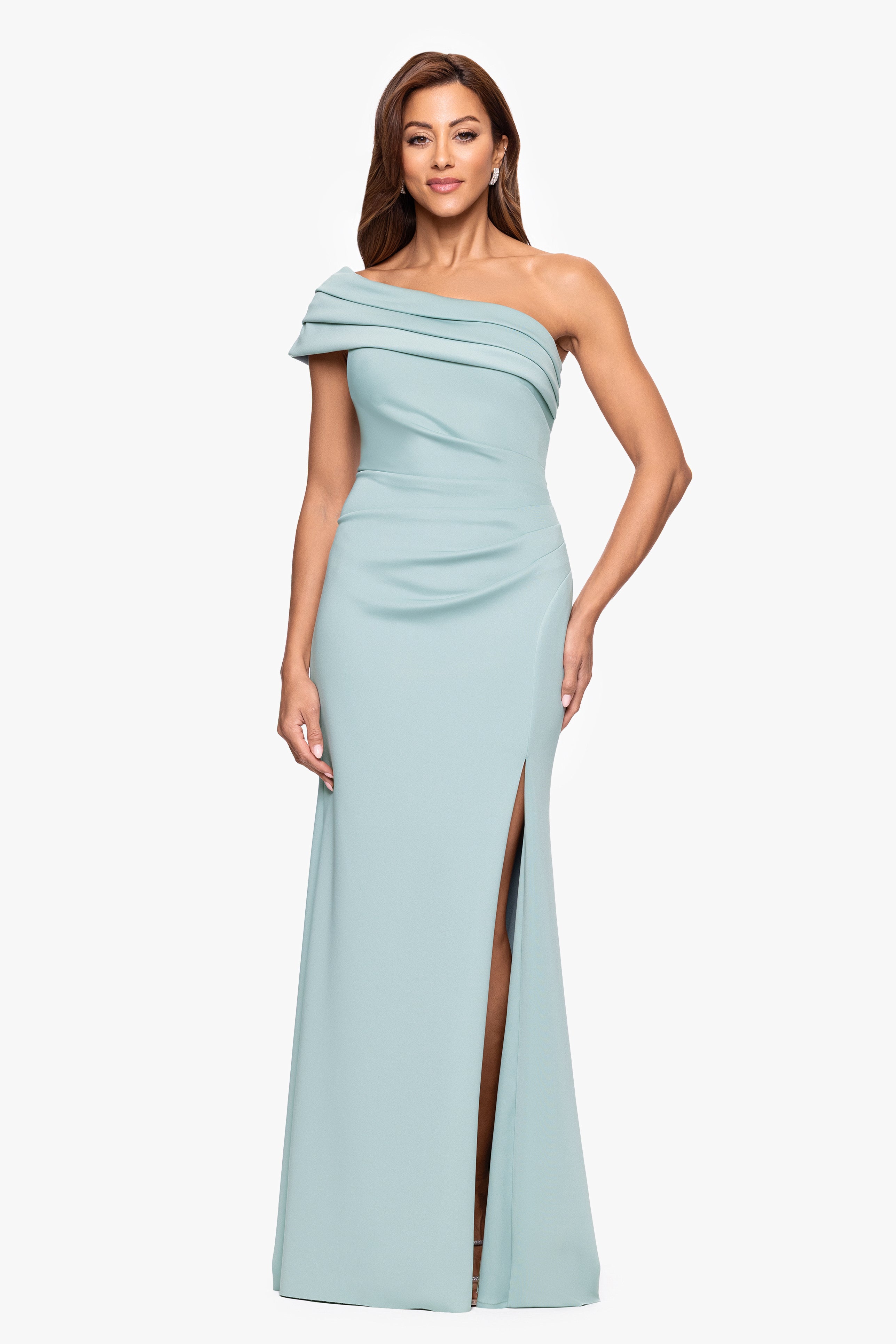 "Whitney" Techno Scuba One Shoulder Off the Shoulder Floor Length Dress