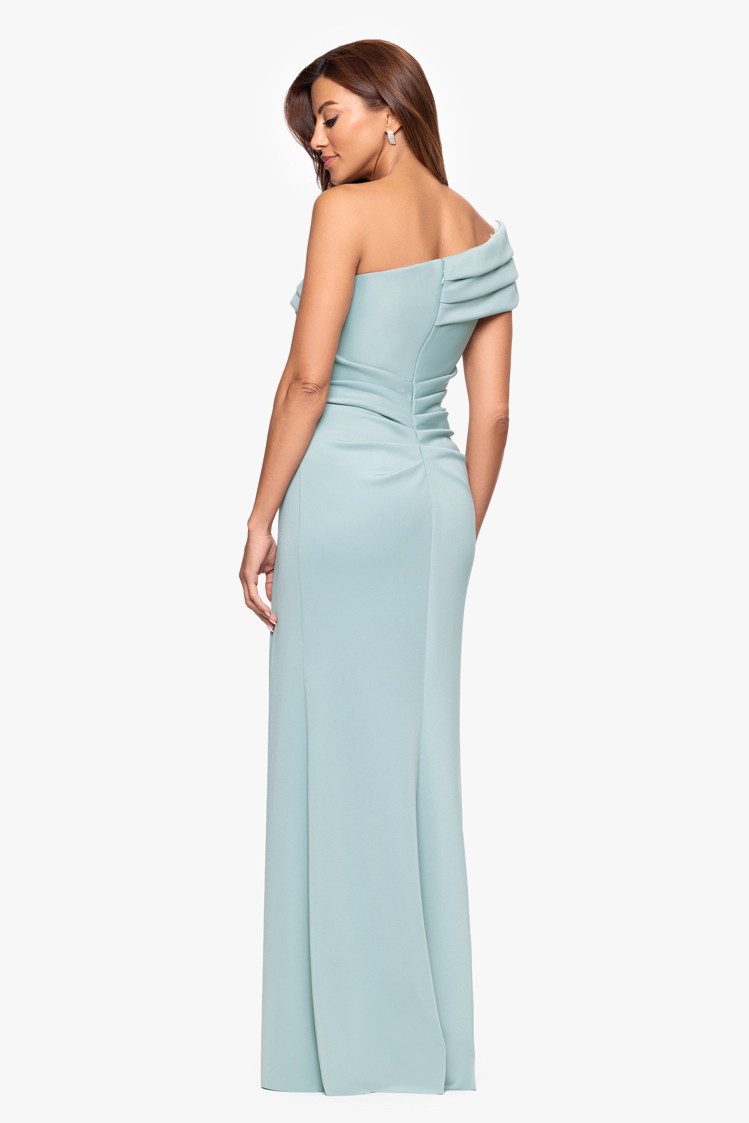 "Whitney" Techno Scuba One Shoulder Off the Shoulder Floor Length Dress