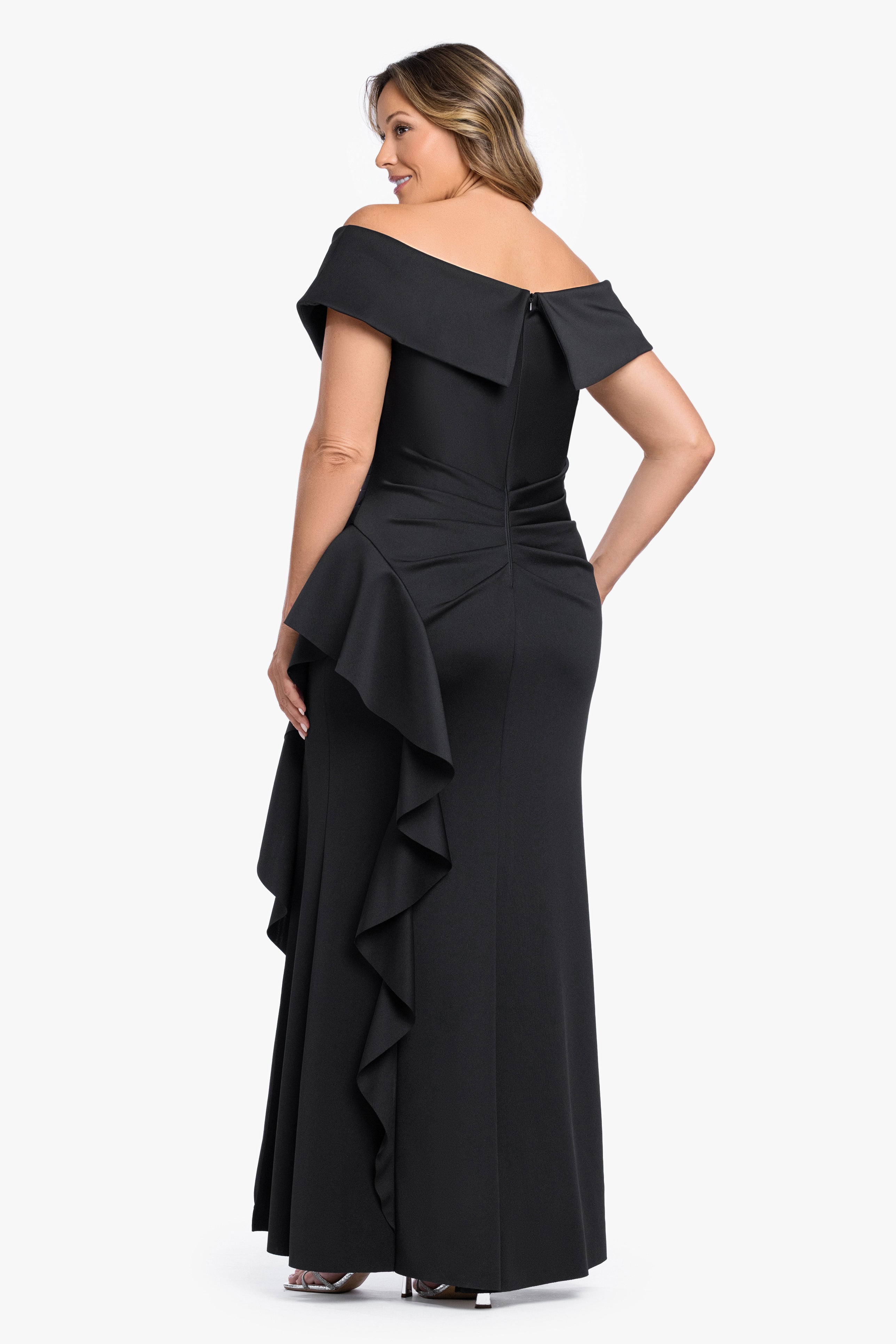 Plus "Pearl" Techno Scuba Off the Shoulder Ruffle Dress