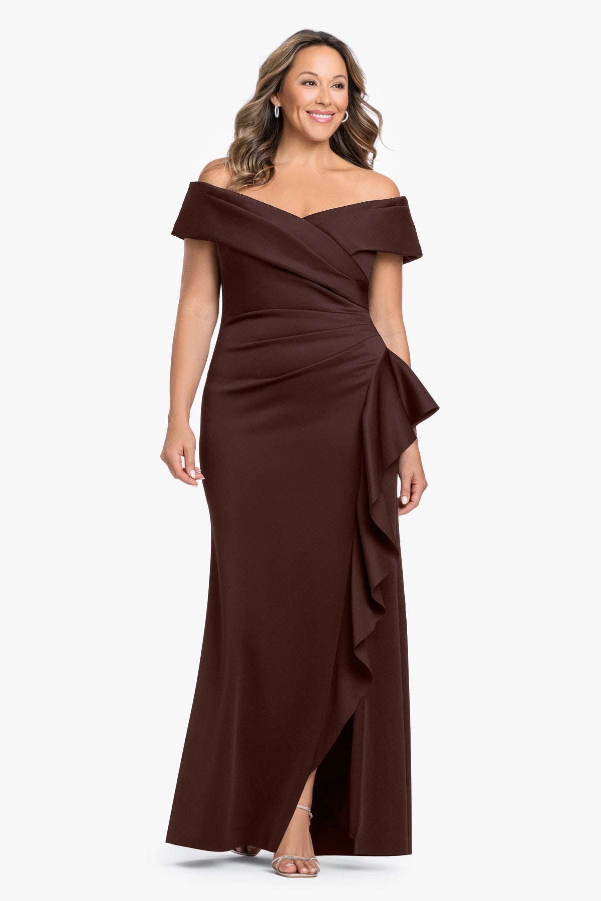 Plus "Pearl" Techno Scuba Off the Shoulder Ruffle Dress