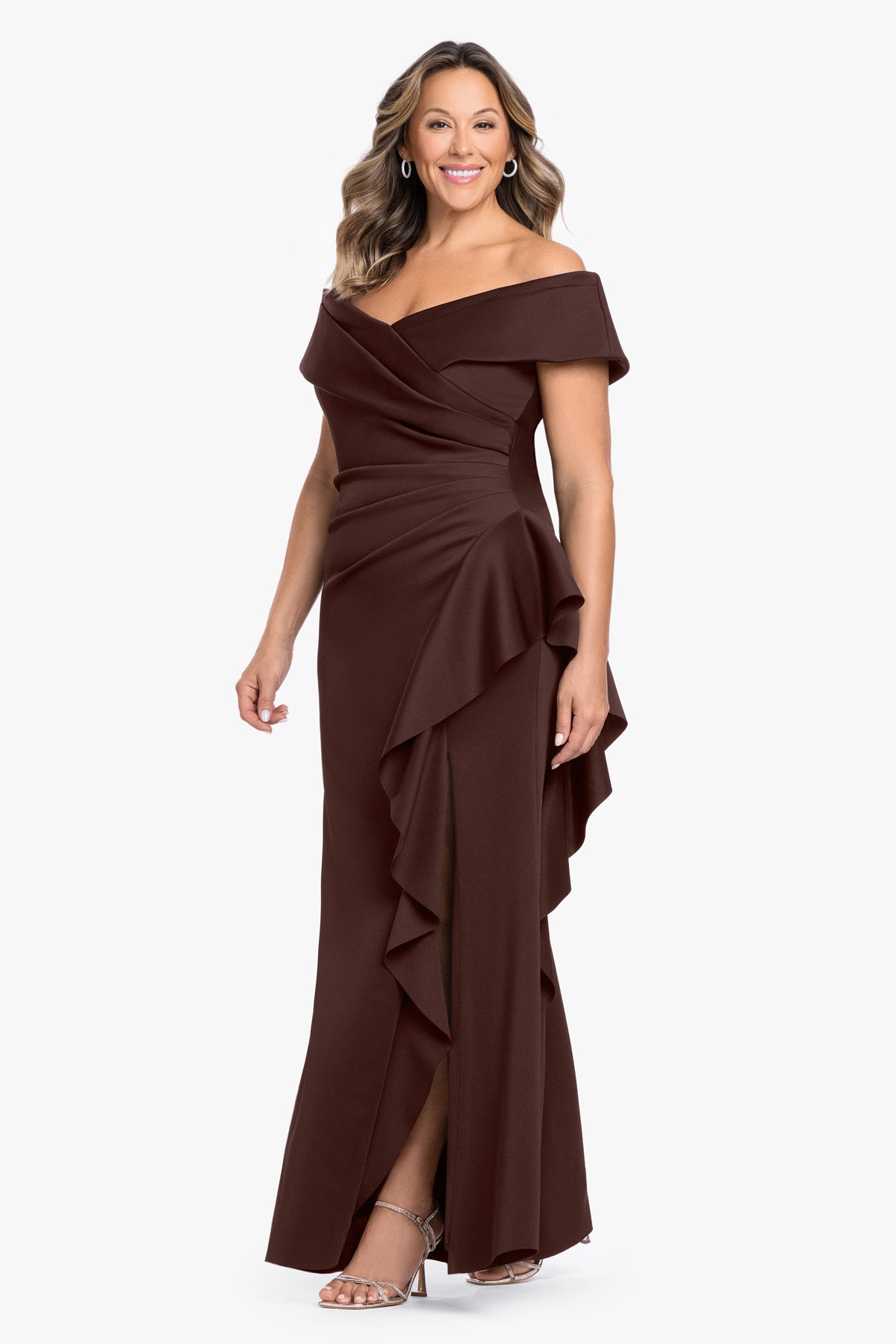 Plus "Pearl" Techno Scuba Off the Shoulder Ruffle Dress