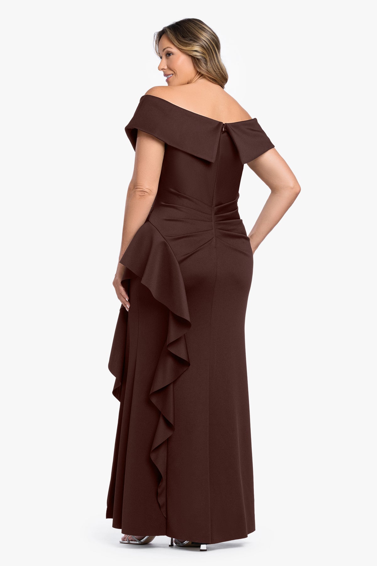 Plus "Pearl" Techno Scuba Off the Shoulder Ruffle Dress