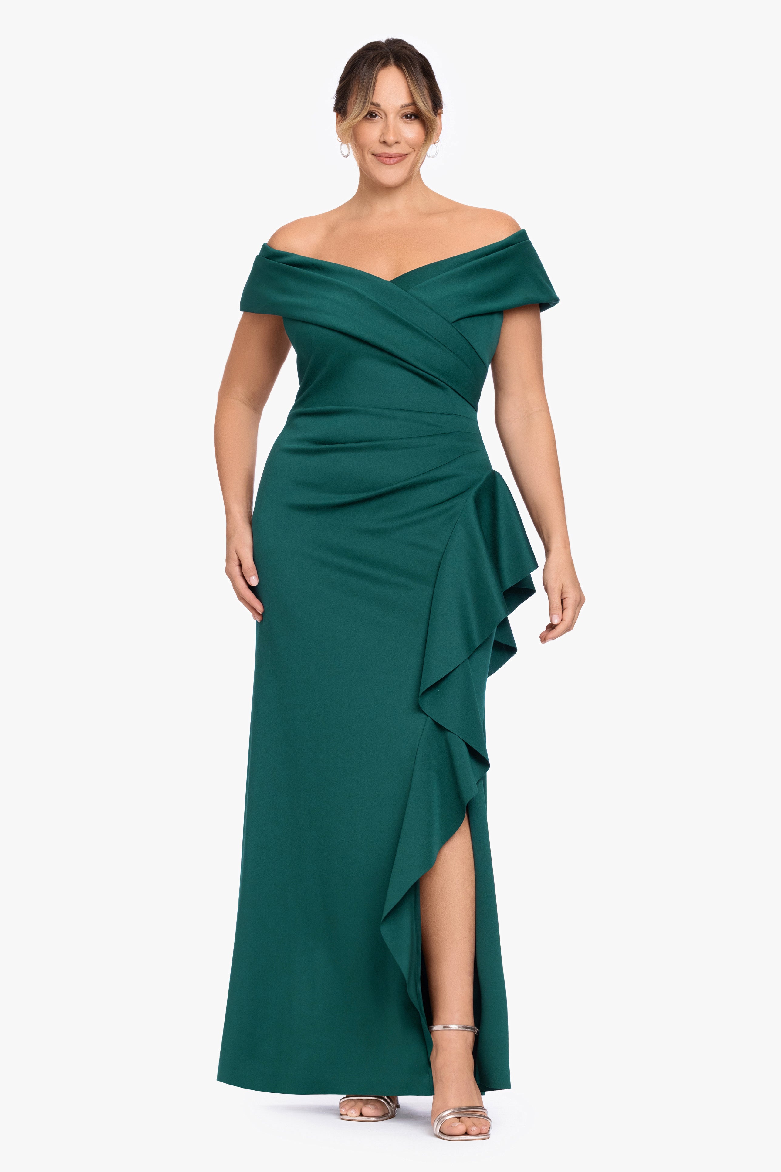 Plus "Pearl" Techno Scuba Off the Shoulder Ruffle Dress