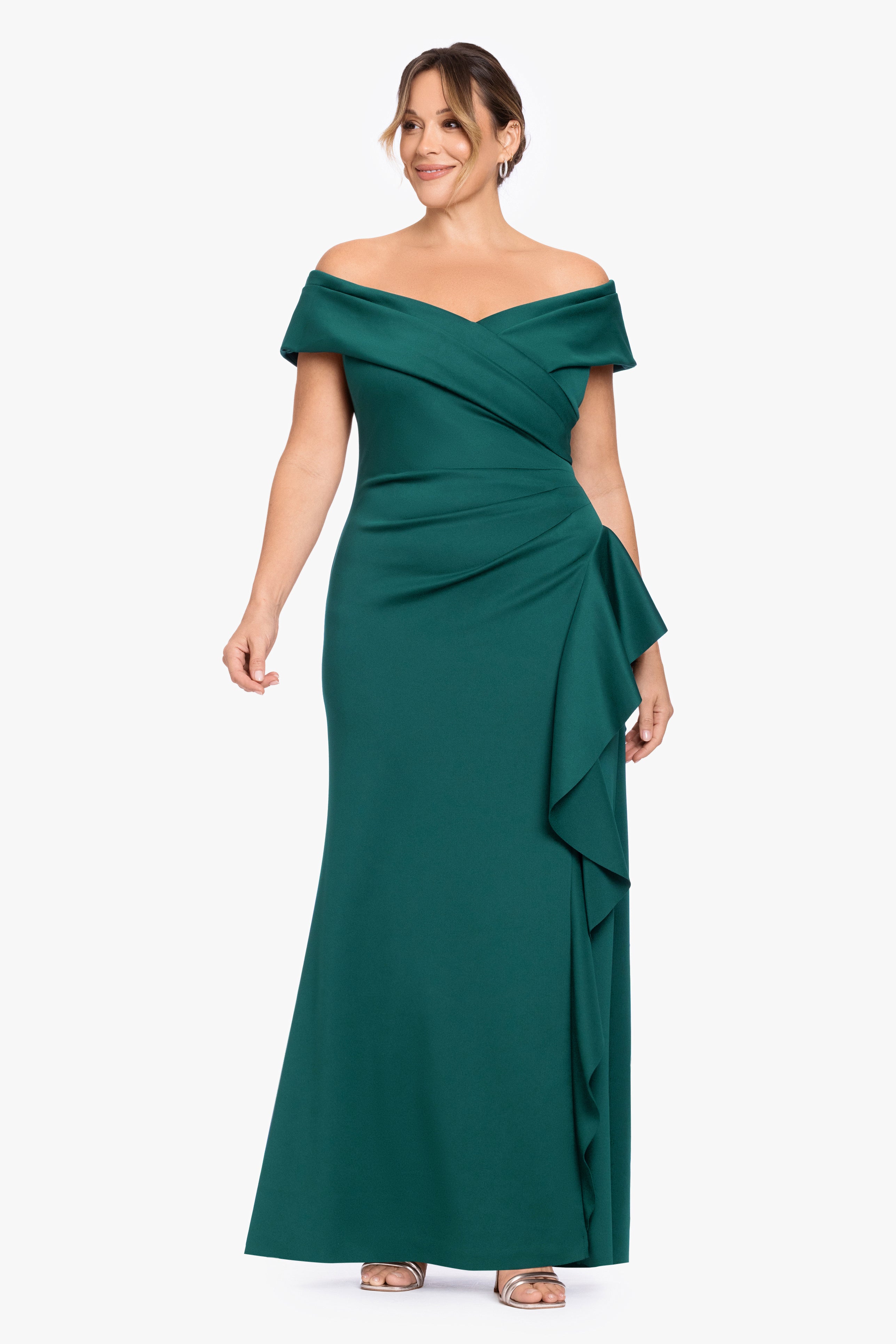 Plus "Pearl" Techno Scuba Off the Shoulder Ruffle Dress