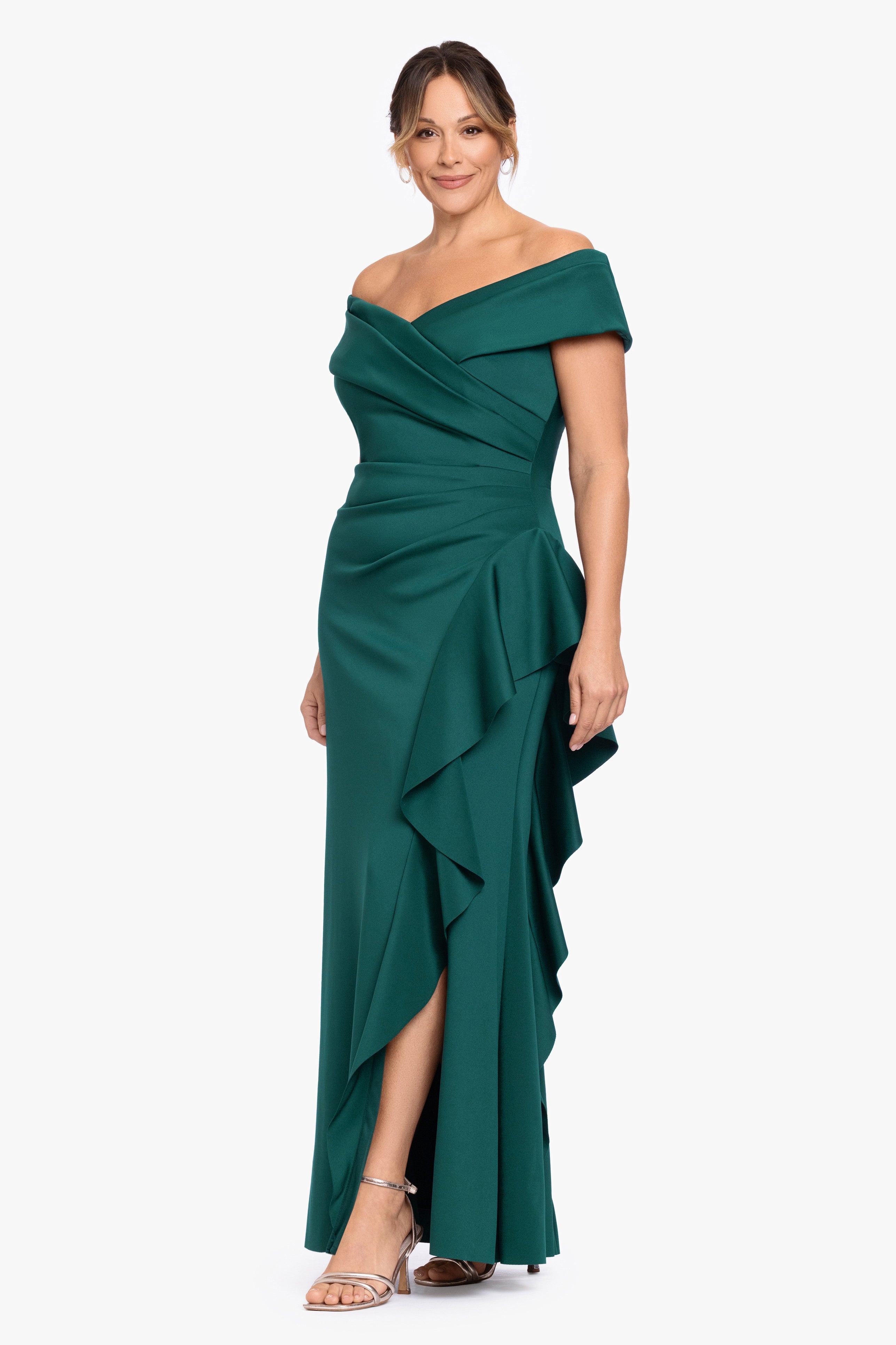 Plus "Pearl" Techno Scuba Off the Shoulder Ruffle Dress