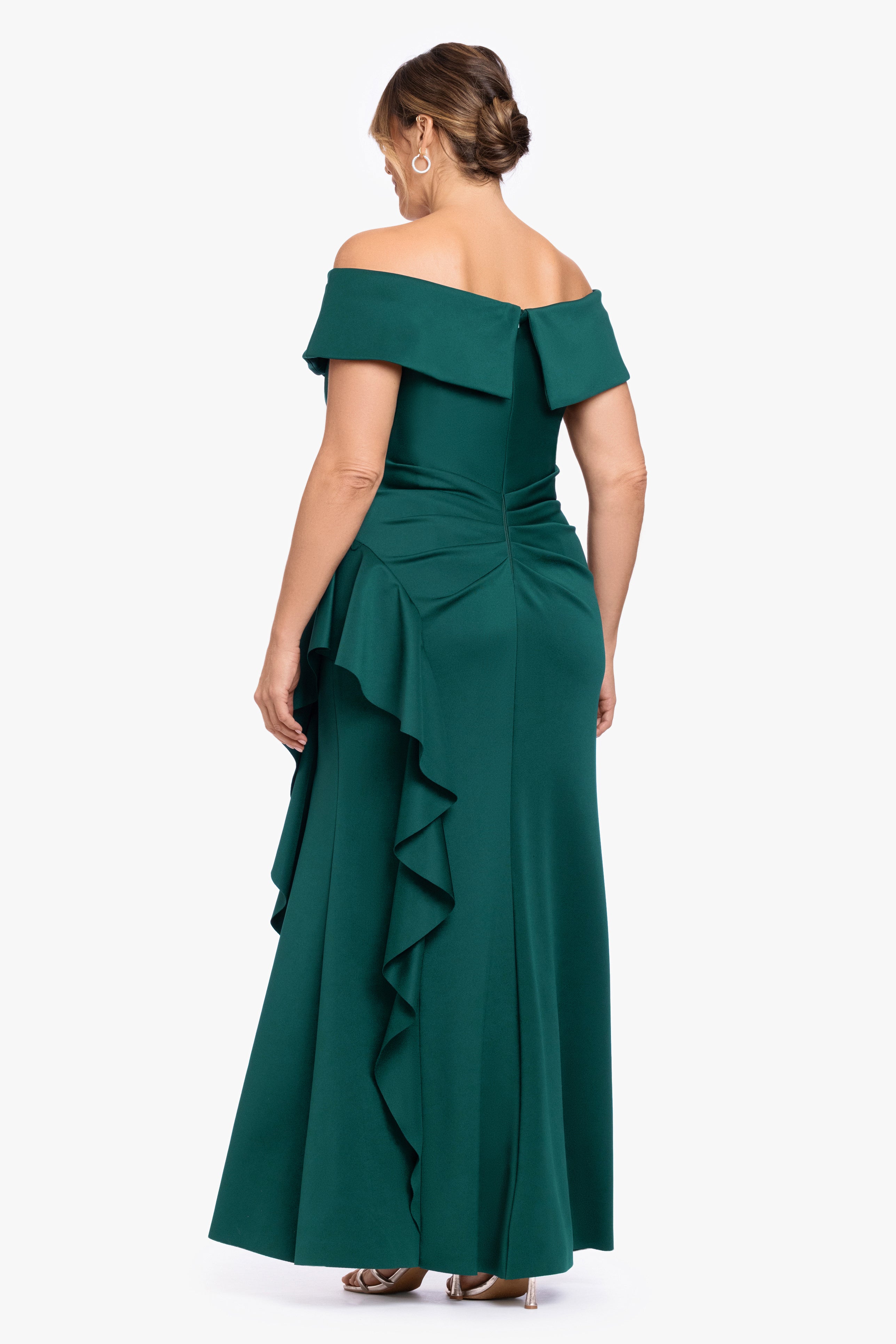 Plus "Pearl" Techno Scuba Off the Shoulder Ruffle Dress
