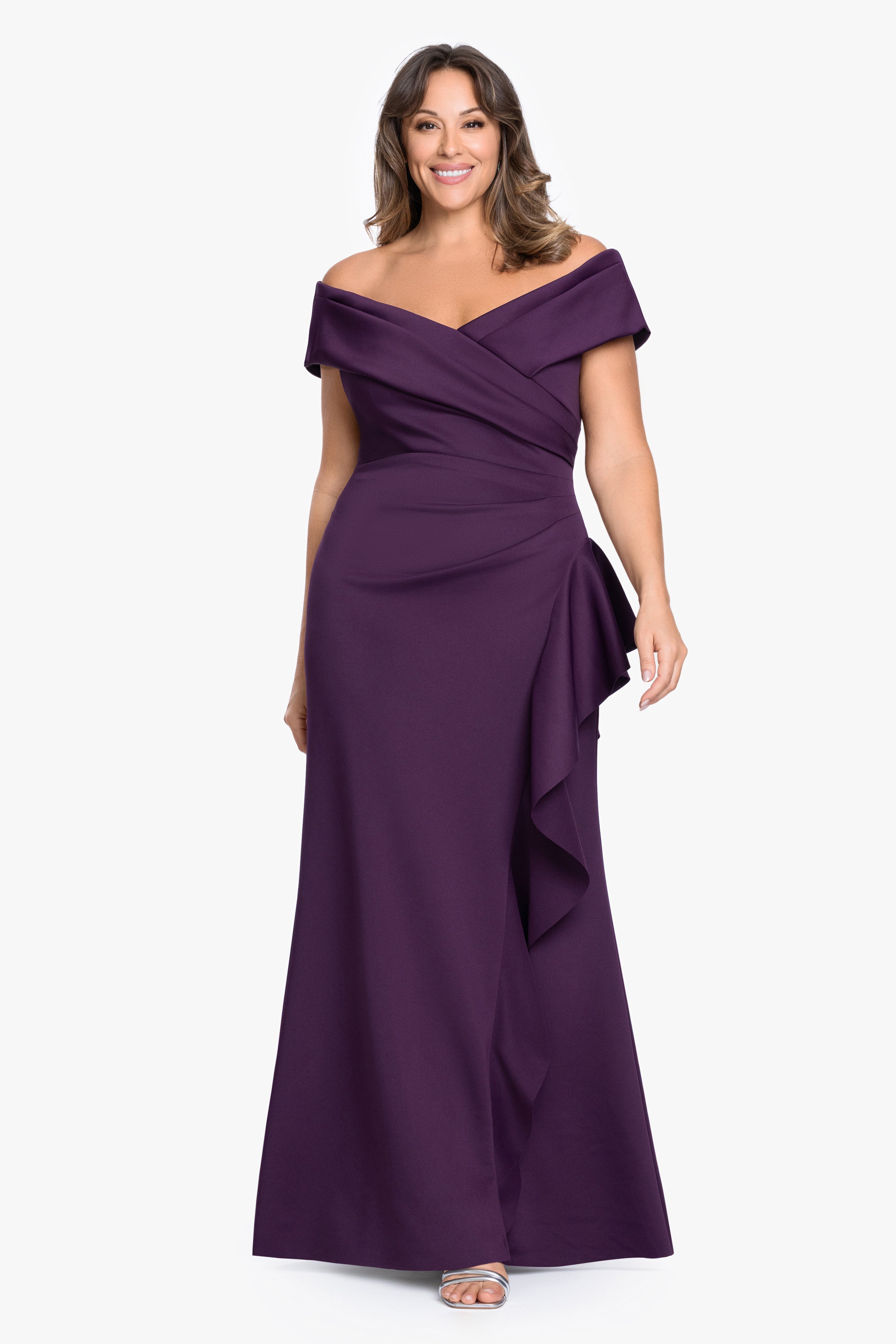 Plus "Pearl" Techno Scuba Off the Shoulder Ruffle Floor Length Dress