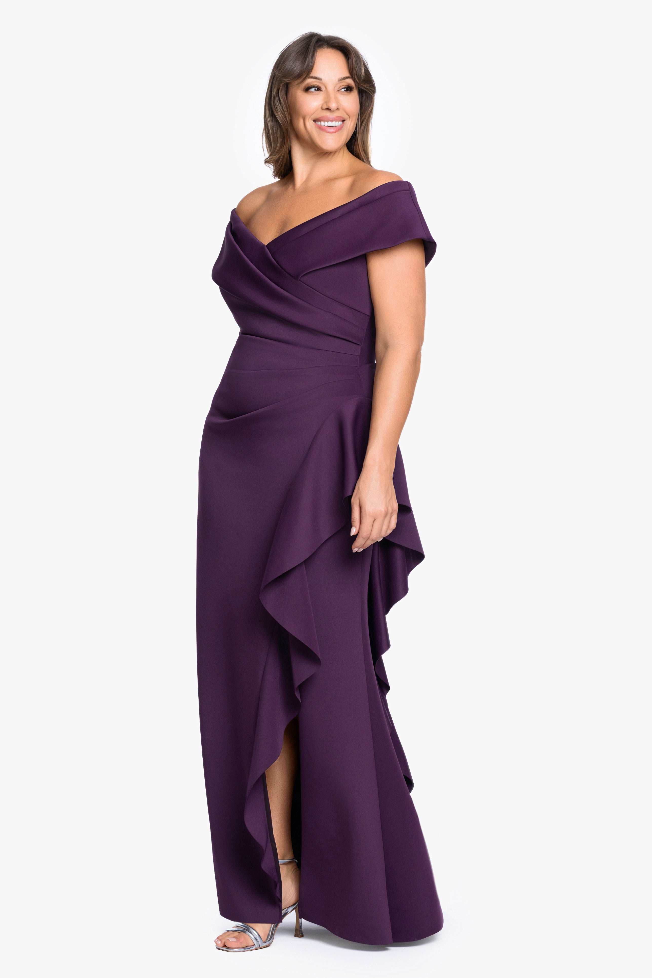 Plus "Pearl" Techno Scuba Off the Shoulder Ruffle Floor Length Dress
