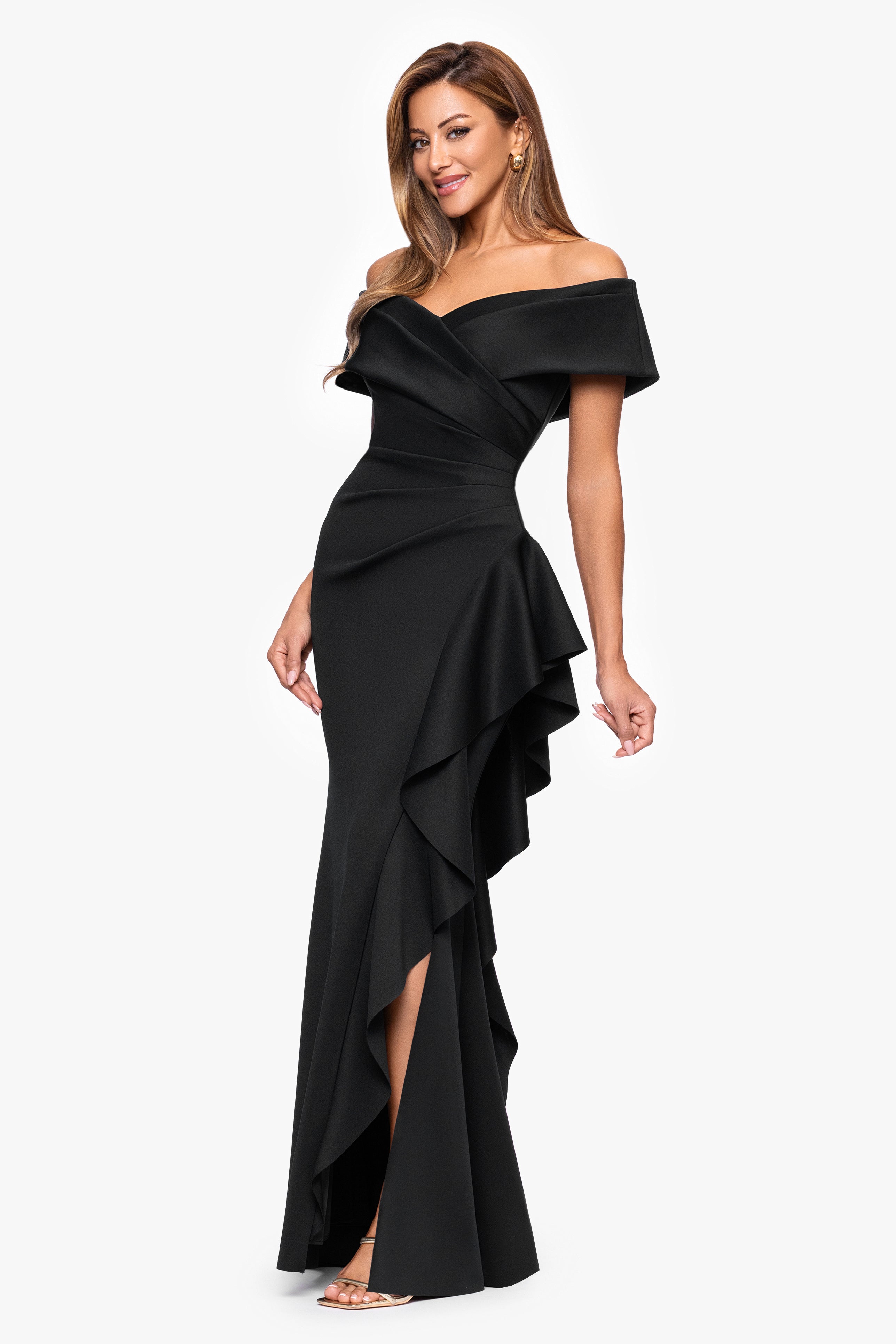 Petite "Pearl" Techno Scuba Off the Shoulder Ruffle Floor Length Dress
