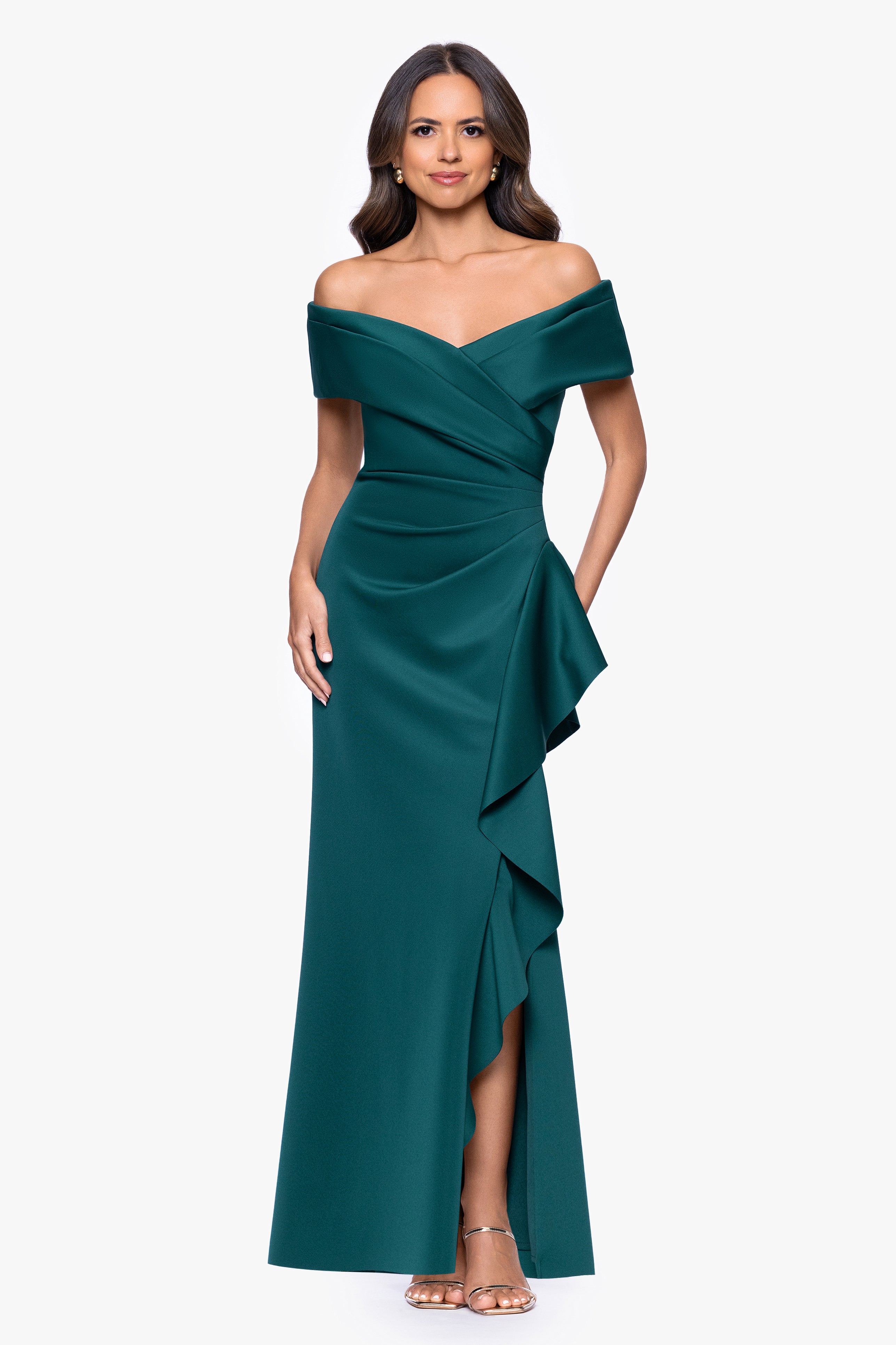 "Pearl" Techno Scuba Off the Shoulder Ruffle Floor Length Dress
