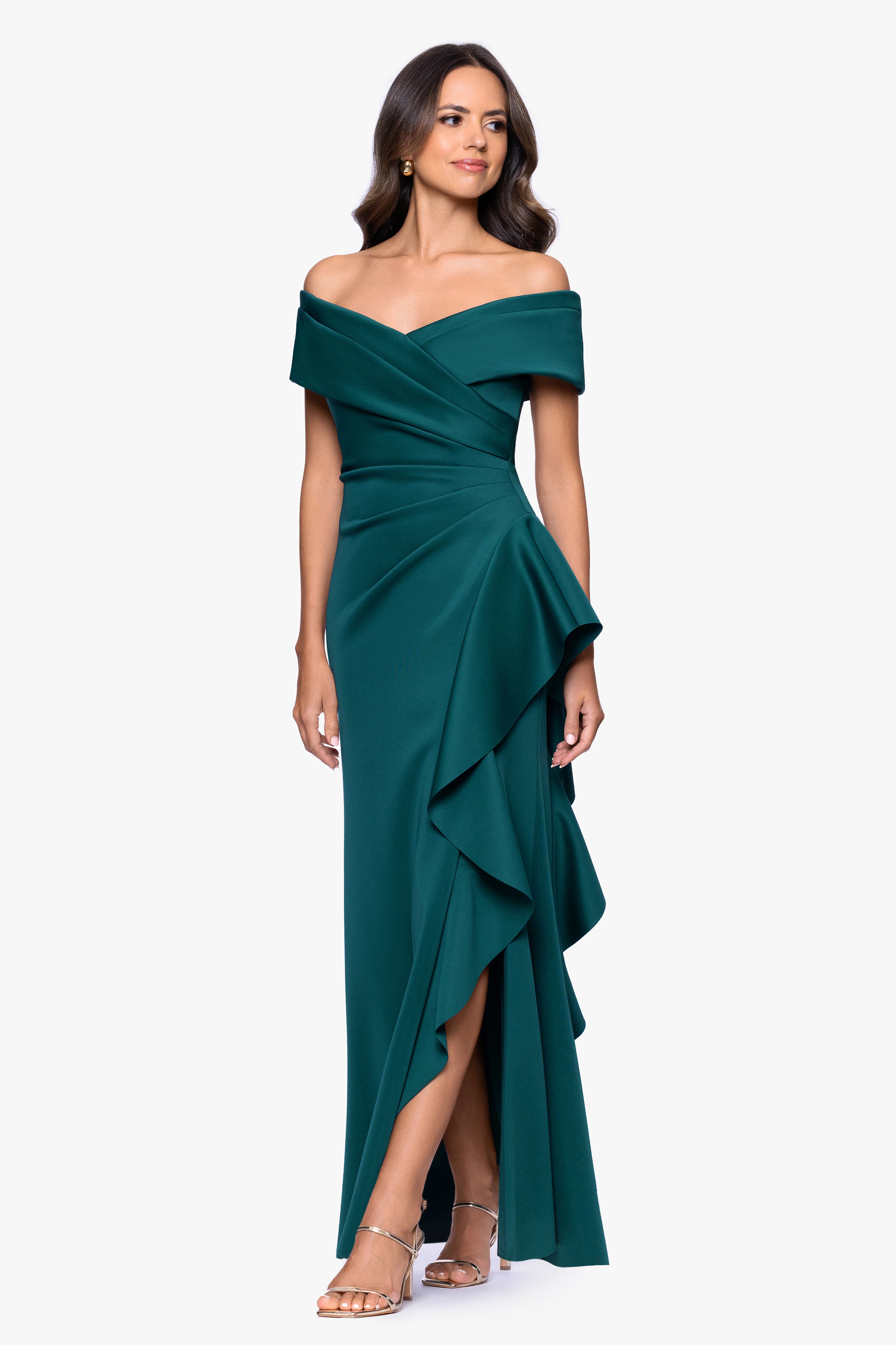 Petite "Pearl" Techno Scuba Off the Shoulder Ruffle Floor Length Dress