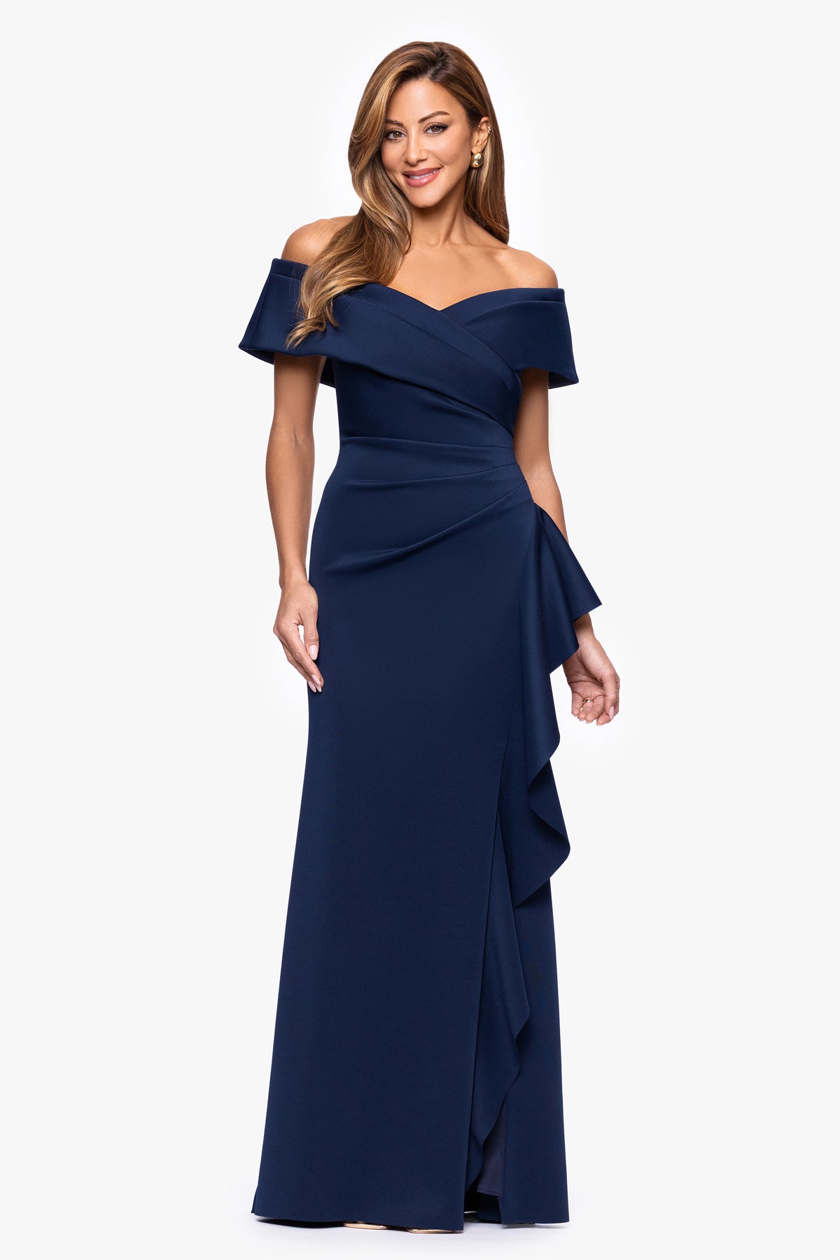 Petite "Pearl" Techno Scuba Off the Shoulder Ruffle Dress