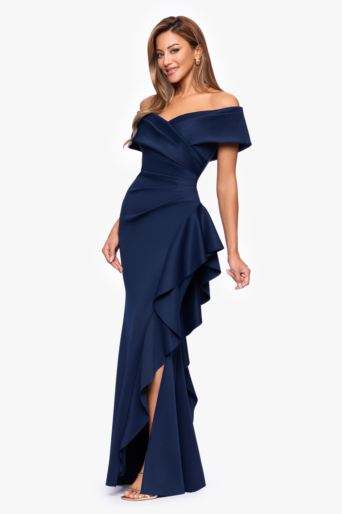 Petite "Pearl" Techno Scuba Off the Shoulder Ruffle Dress