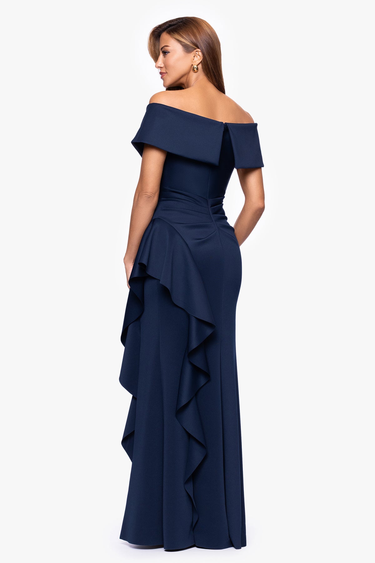 Petite "Pearl" Techno Scuba Off the Shoulder Ruffle Dress