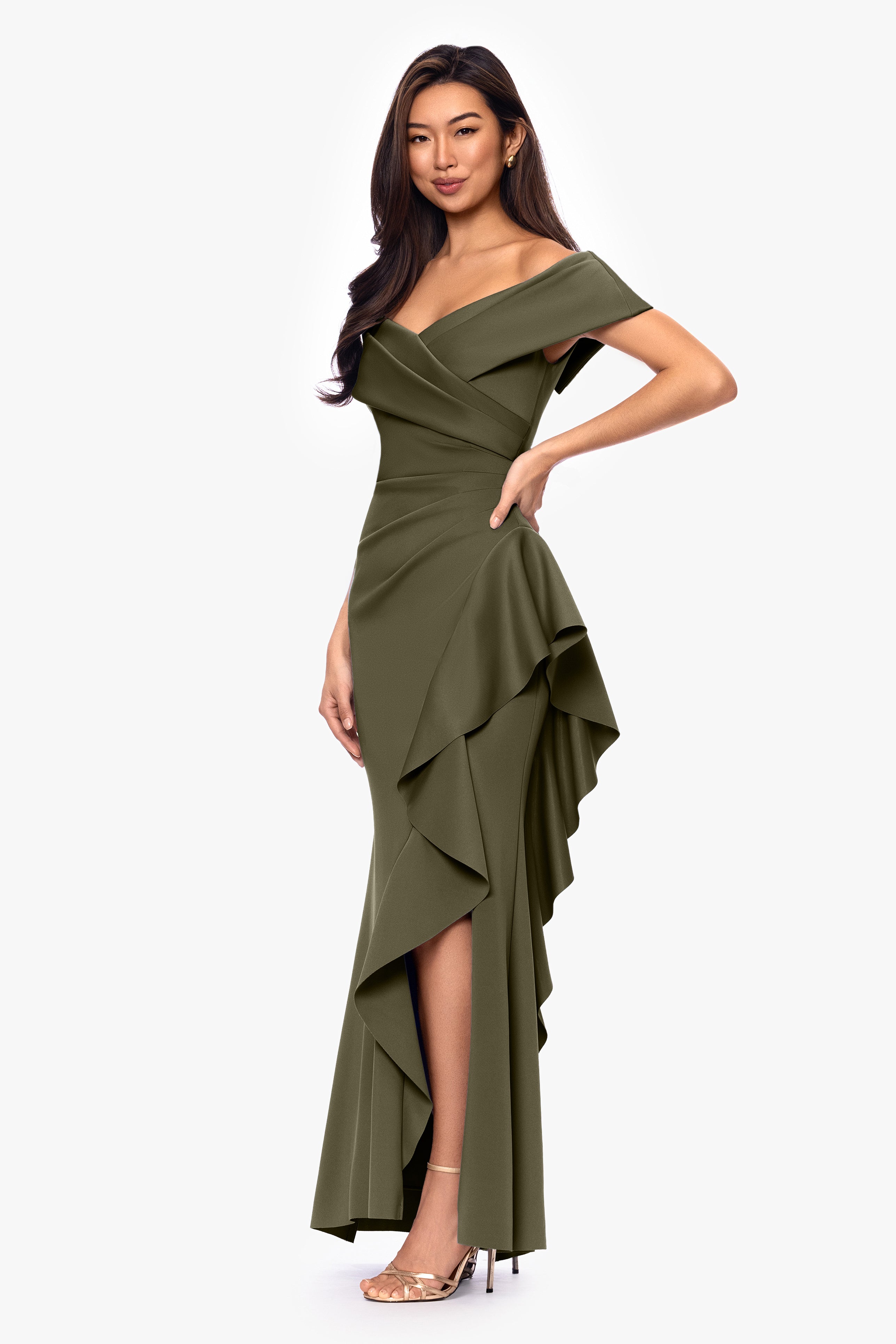 Petite "Pearl" Techno Scuba Off the Shoulder Ruffle Dress