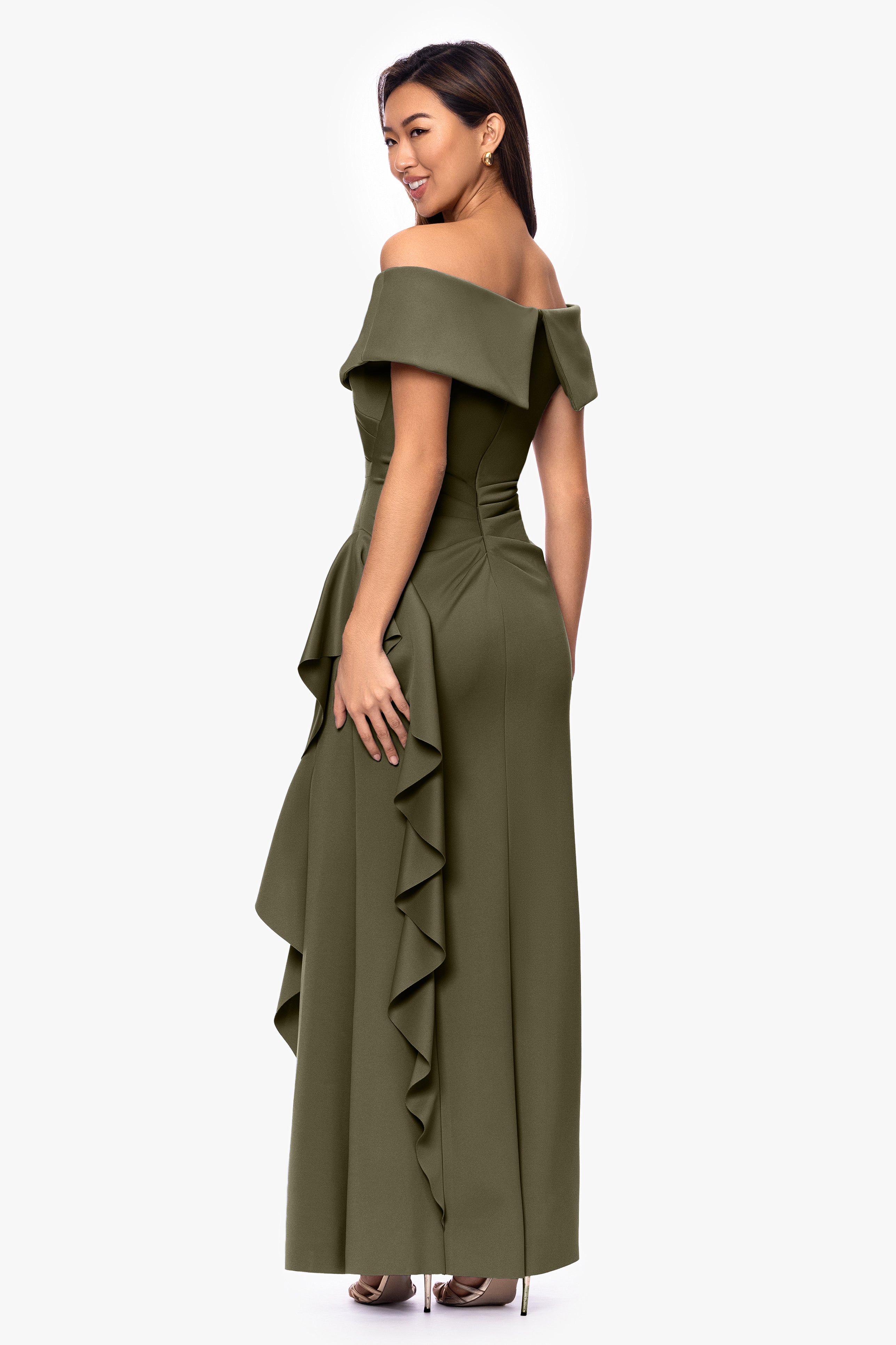 Petite "Pearl" Techno Scuba Off the Shoulder Ruffle Dress