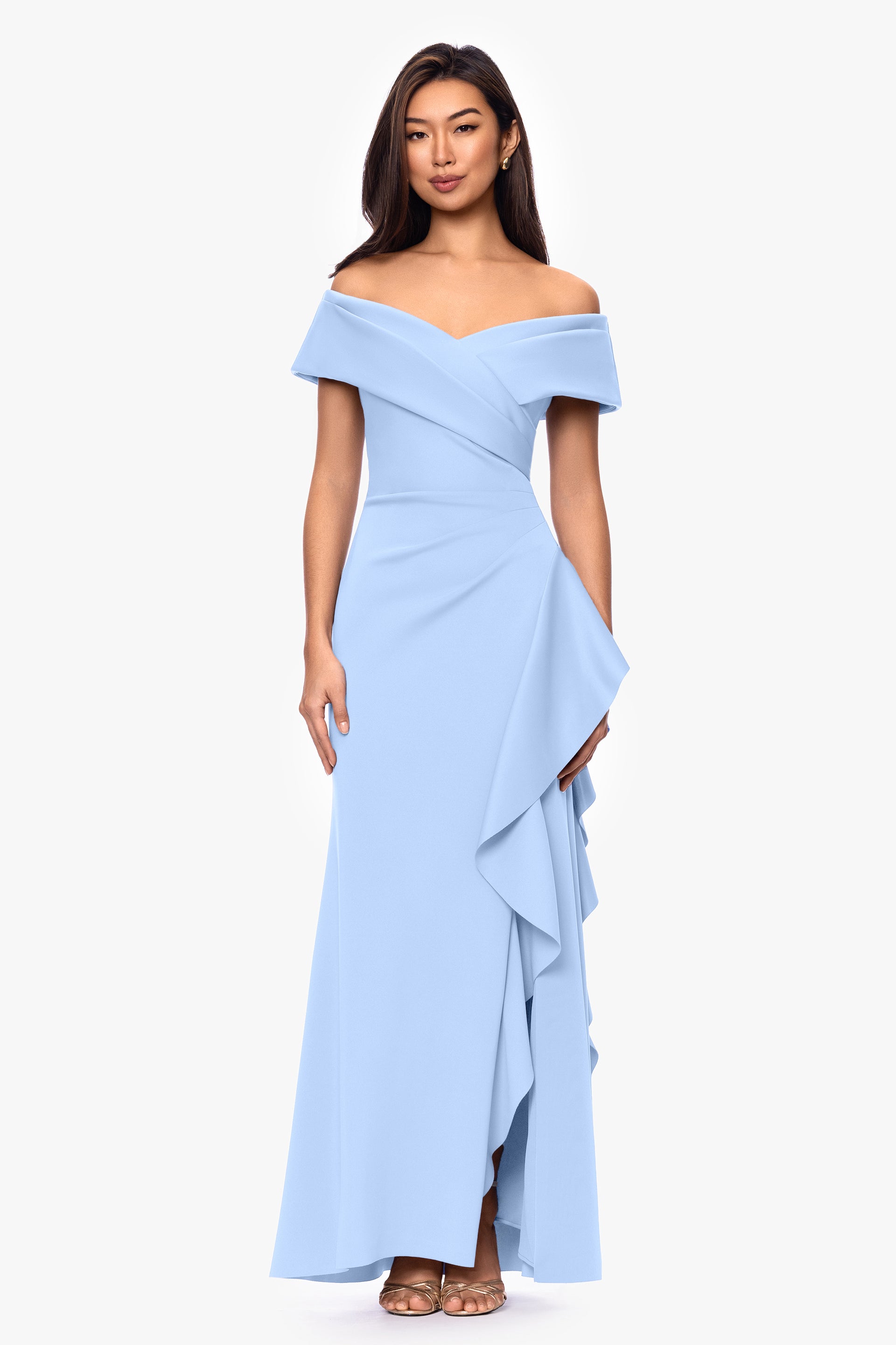 Petite "Pearl" Techno Scuba Off Shoulder Ruffle Dress