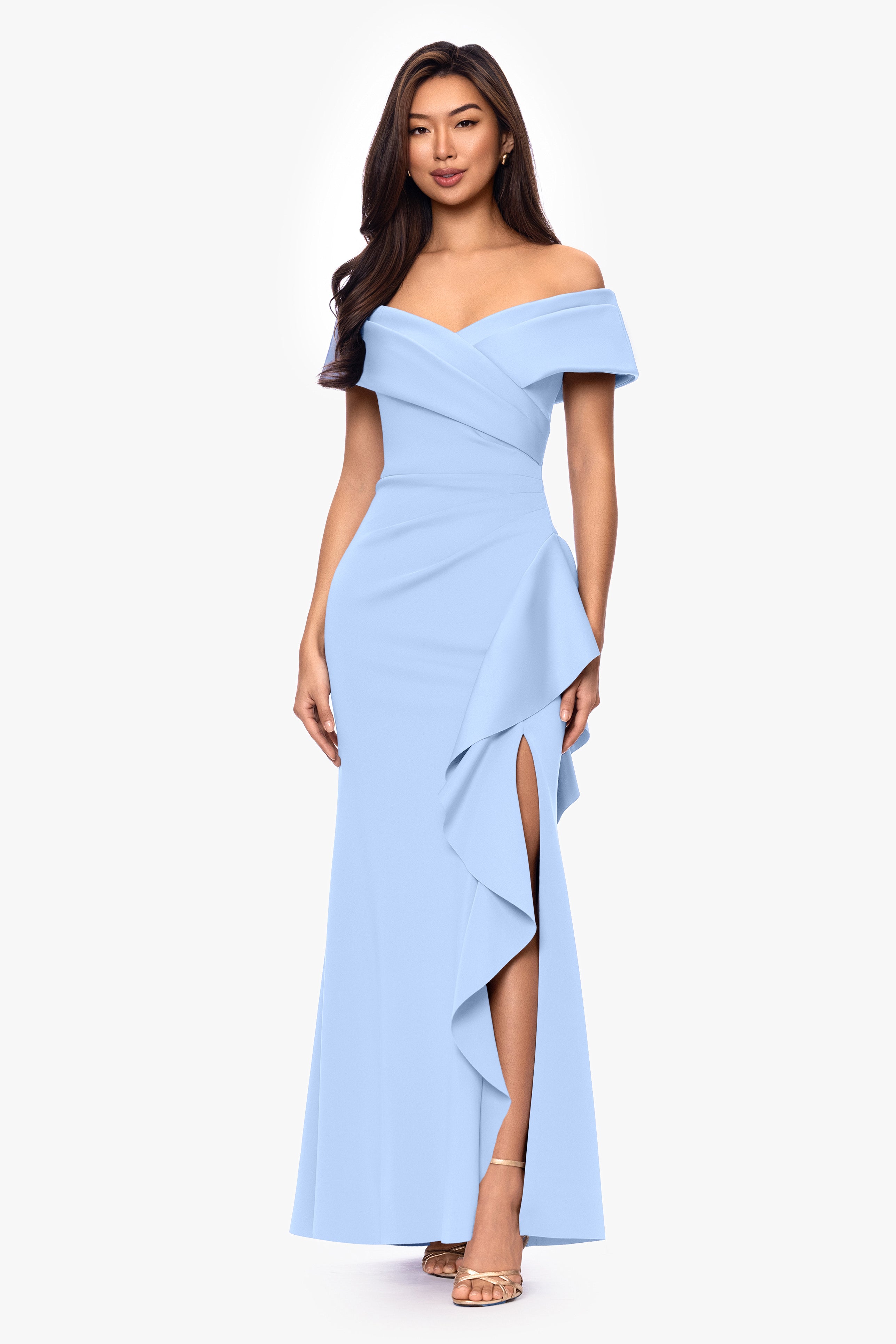 Petite "Pearl" Techno Scuba Off the Shoulder Ruffle Floor Length Dress