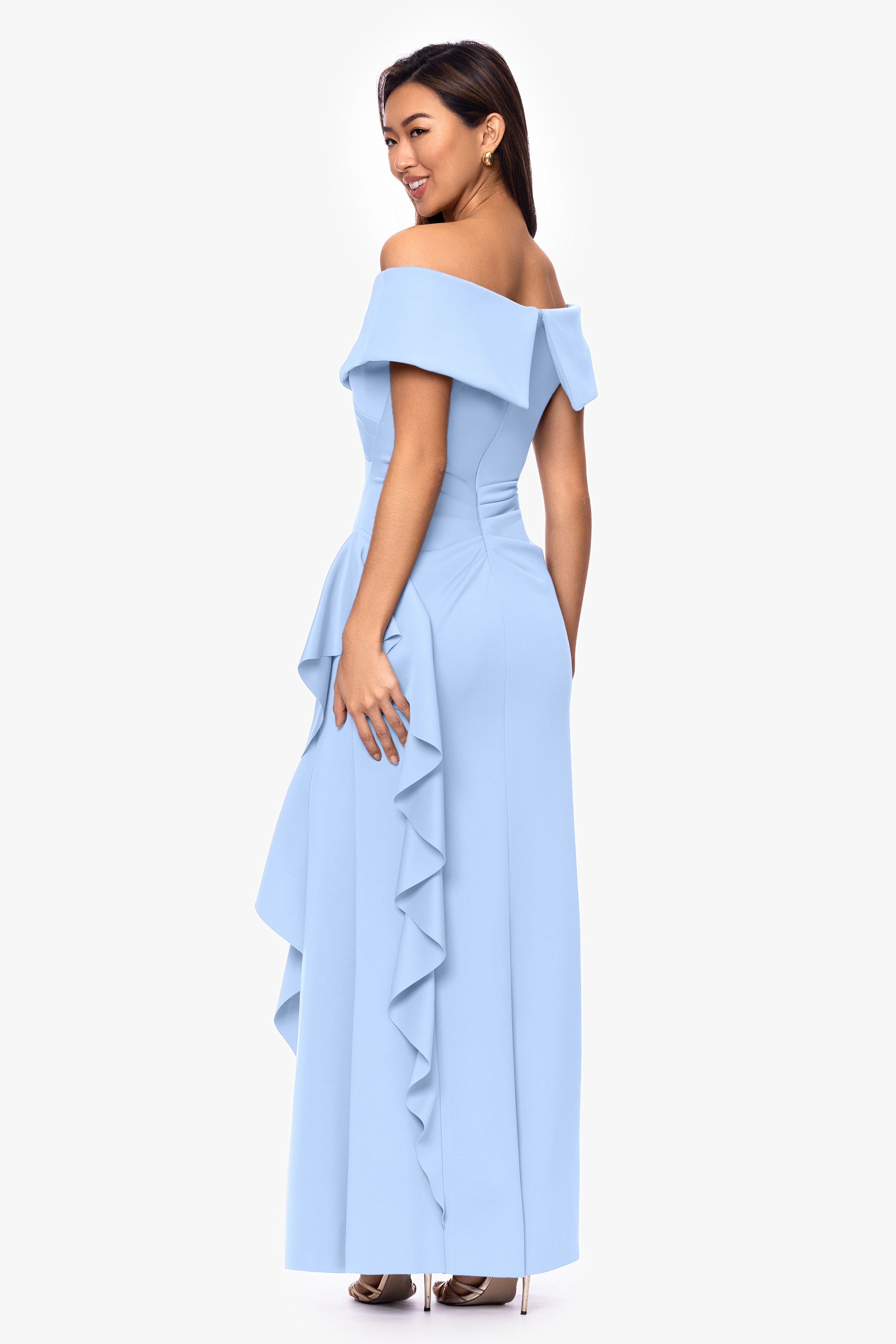 Petite "Pearl" Techno Scuba Off the Shoulder Ruffle Floor Length Dress