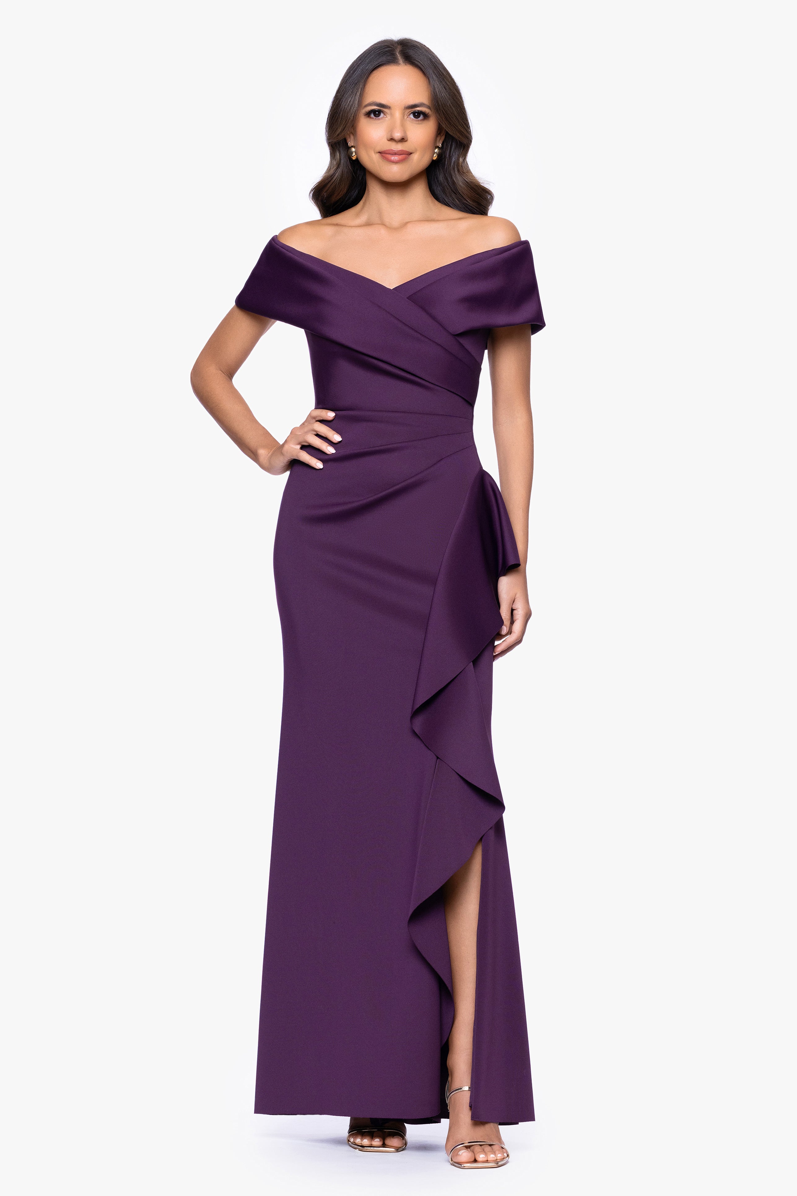 "Pearl" Techno Scuba Off the Shoulder Ruffle Floor Length Dress