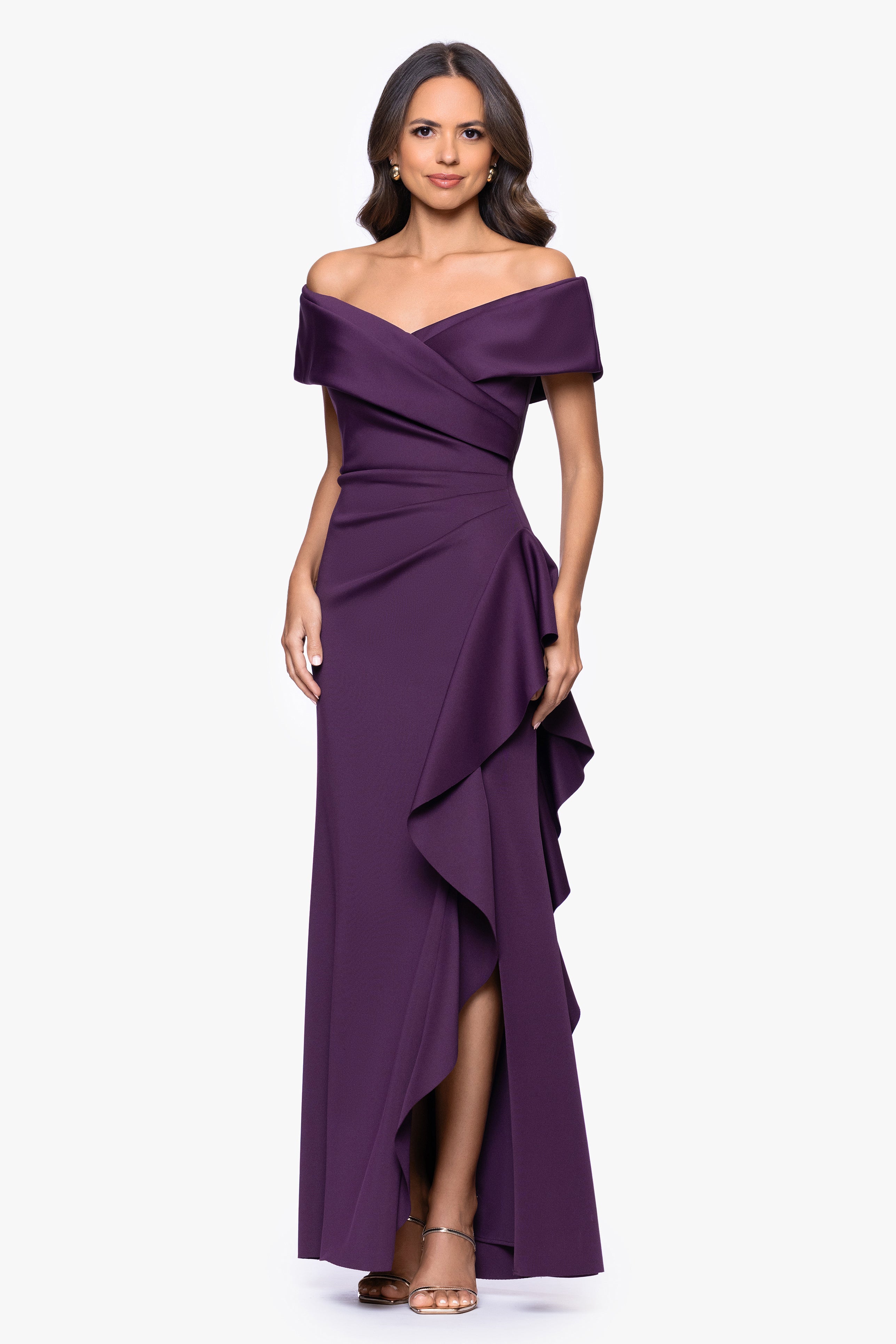 Petite "Pearl" Techno Scuba Off the Shoulder Ruffle Floor Length Dress