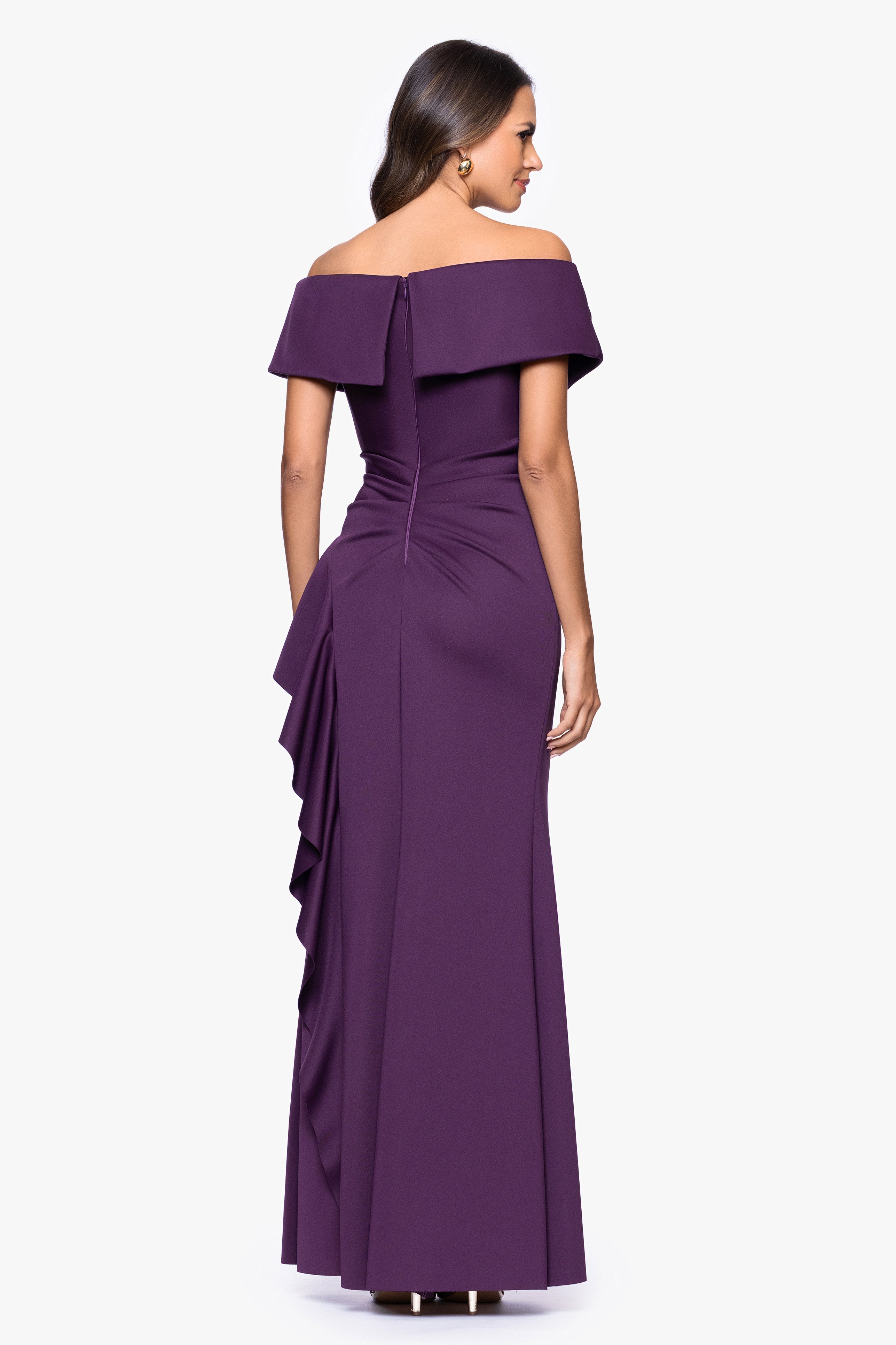 Petite "Pearl" Techno Scuba Off the Shoulder Ruffle Floor Length Dress