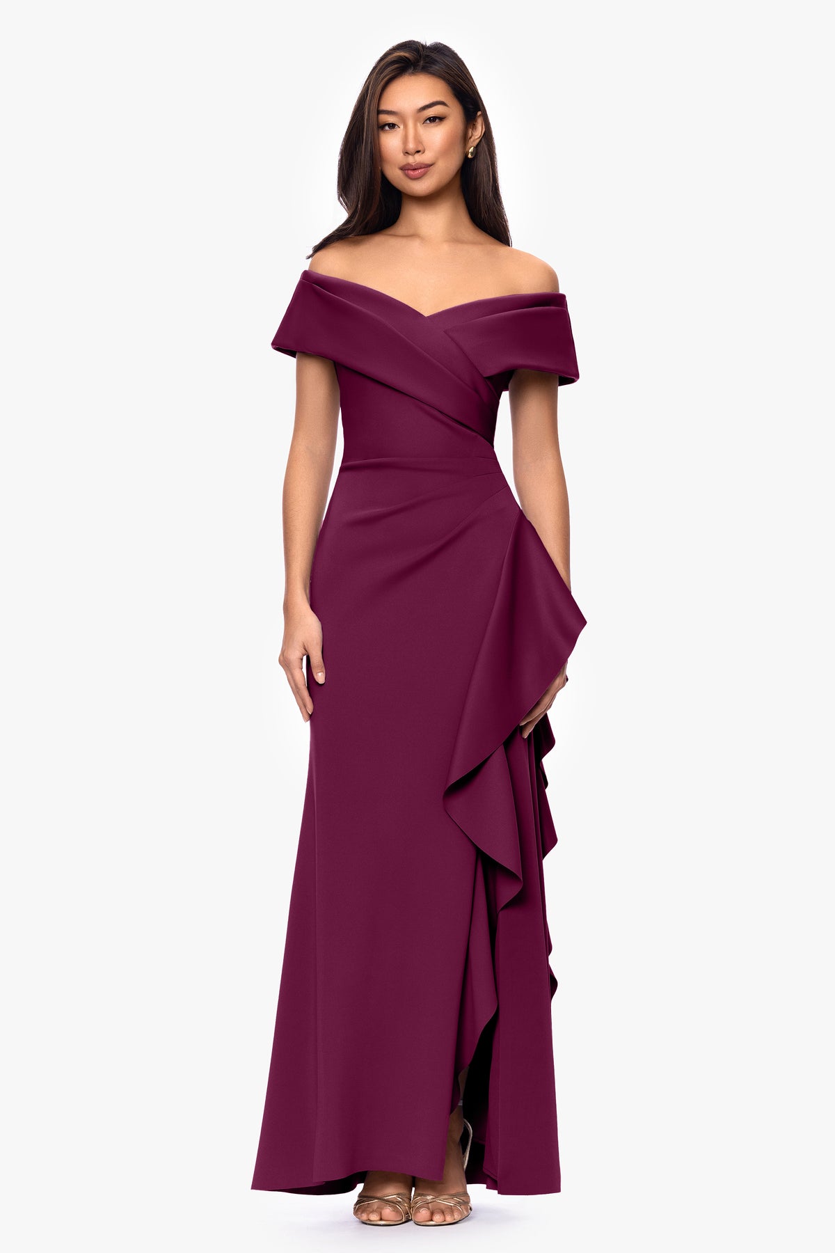 Petite "Pearl" Techno Scuba Off the Shoulder Ruffle Dress