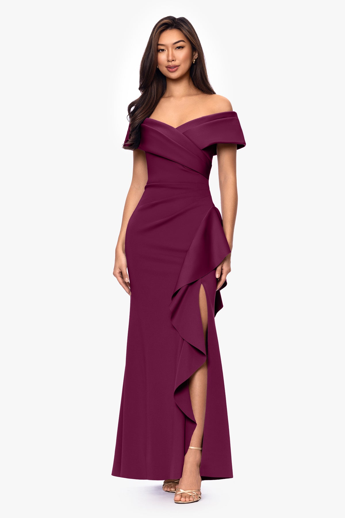 Petite "Pearl" Techno Scuba Off the Shoulder Ruffle Dress