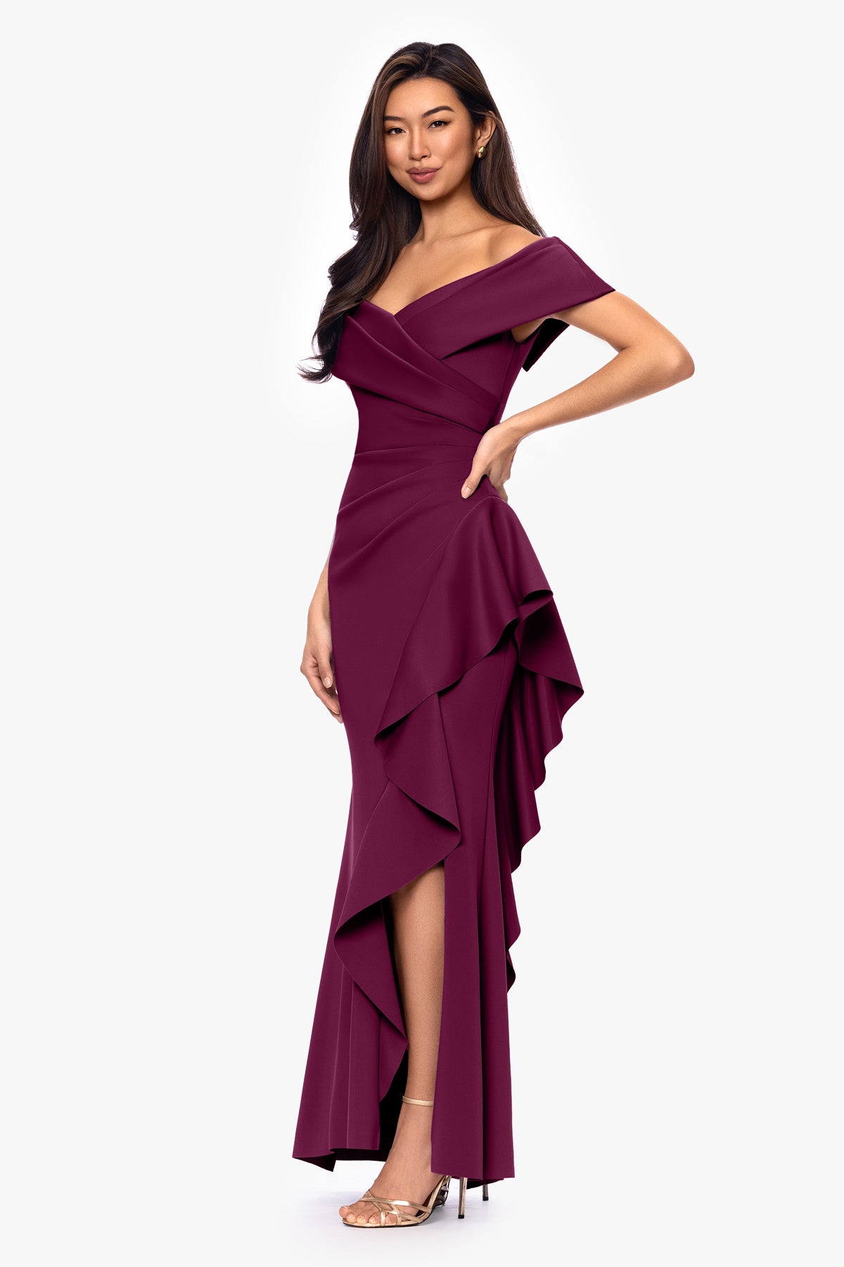 Petite "Pearl" Techno Scuba Off the Shoulder Ruffle Dress