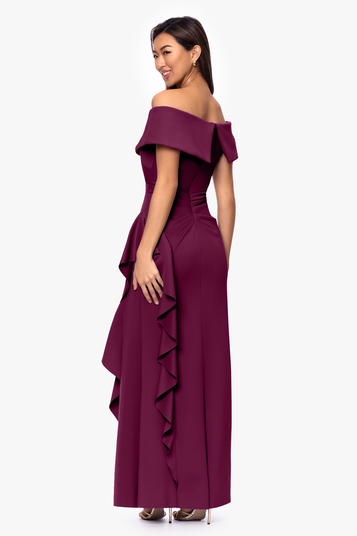 Petite "Pearl" Techno Scuba Off the Shoulder Ruffle Dress