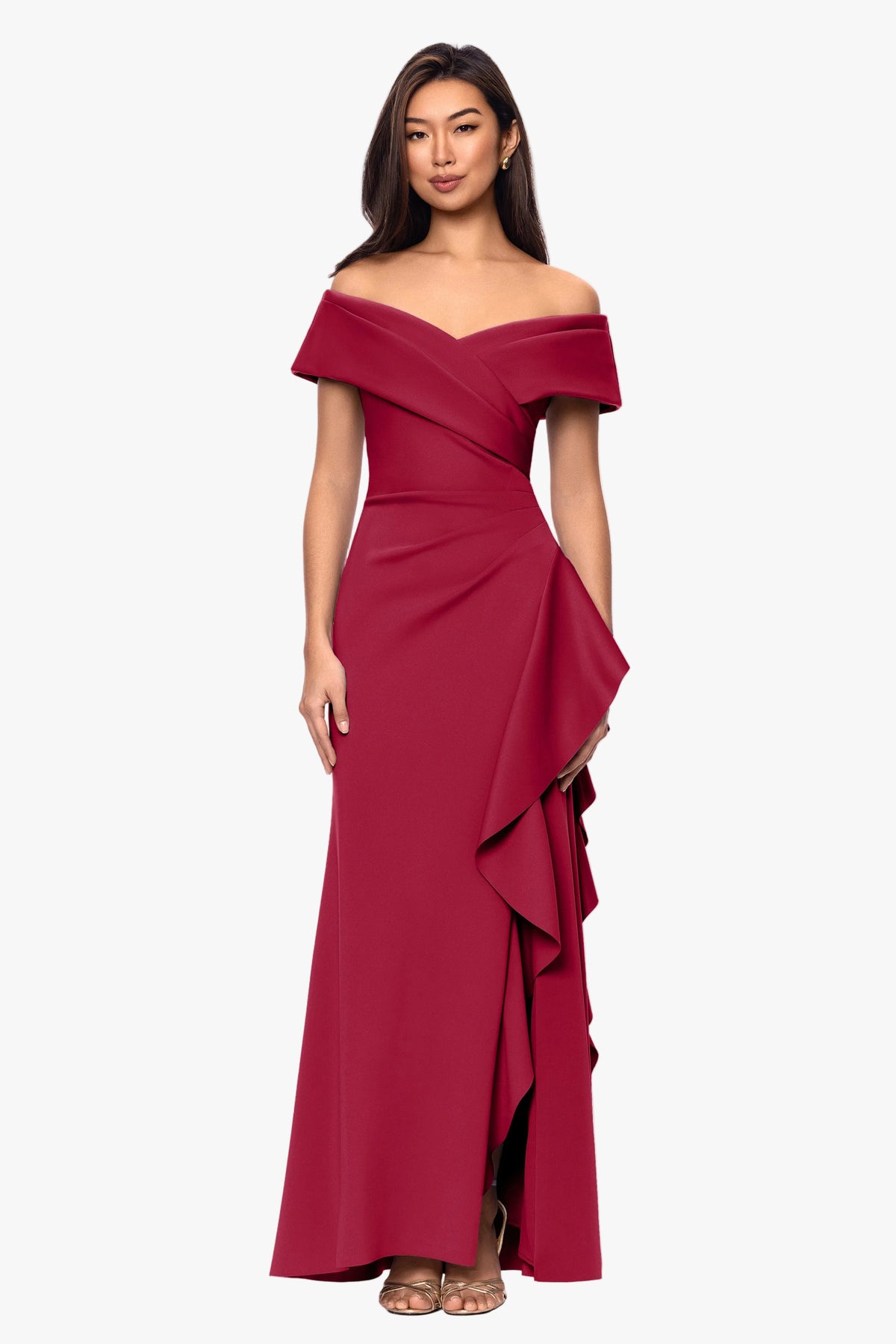 Petite "Pearl" Techno Scuba Off the Shoulder Ruffle Dress
