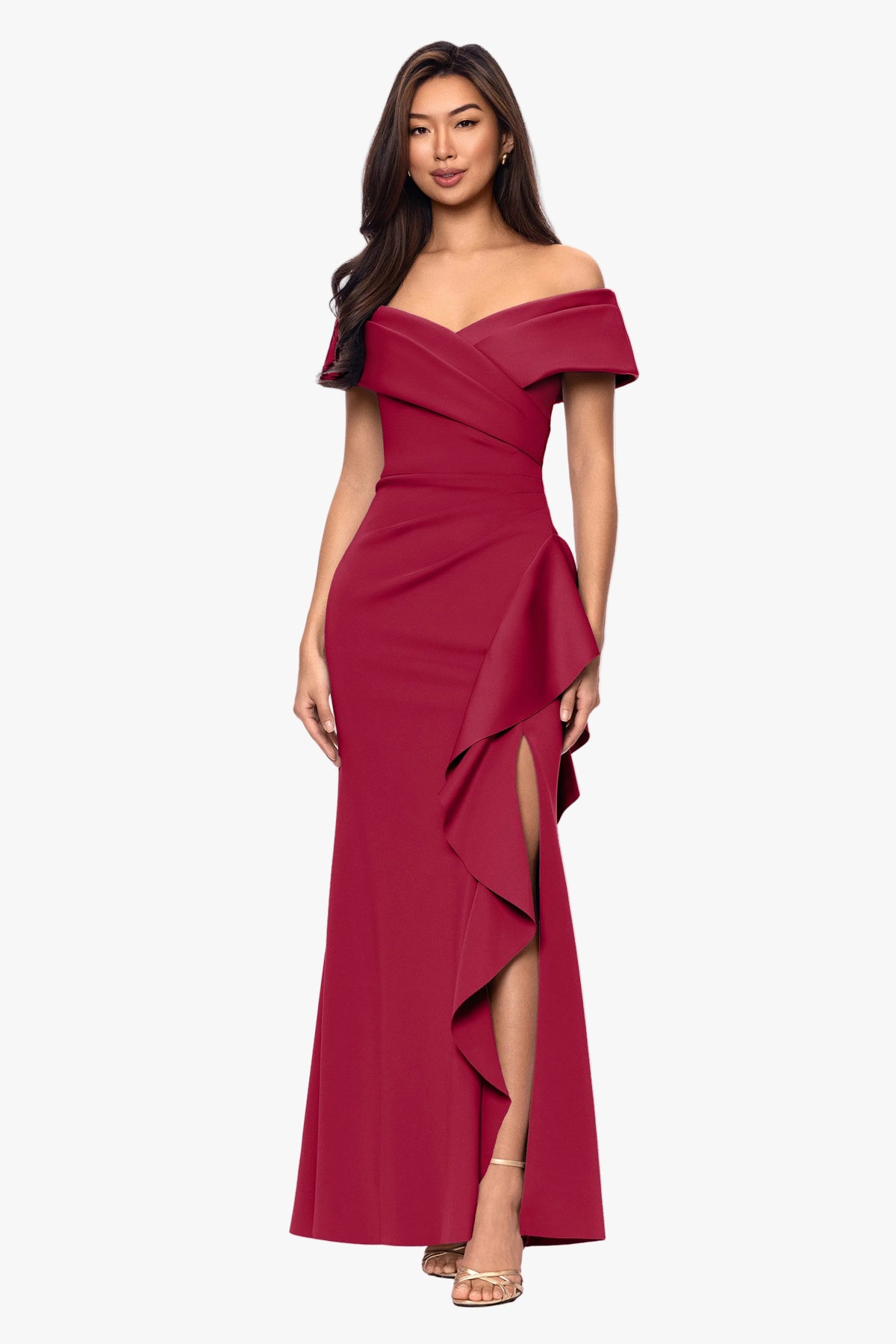 Petite "Pearl" Techno Scuba Off the Shoulder Ruffle Dress