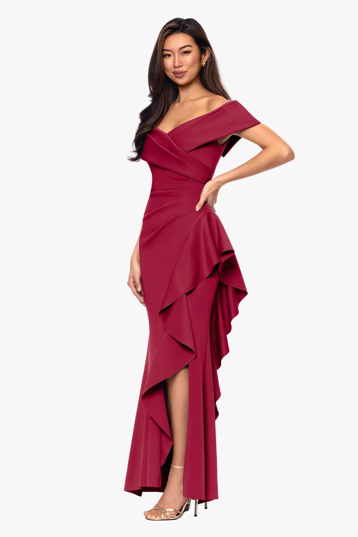 Petite "Pearl" Techno Scuba Off the Shoulder Ruffle Dress