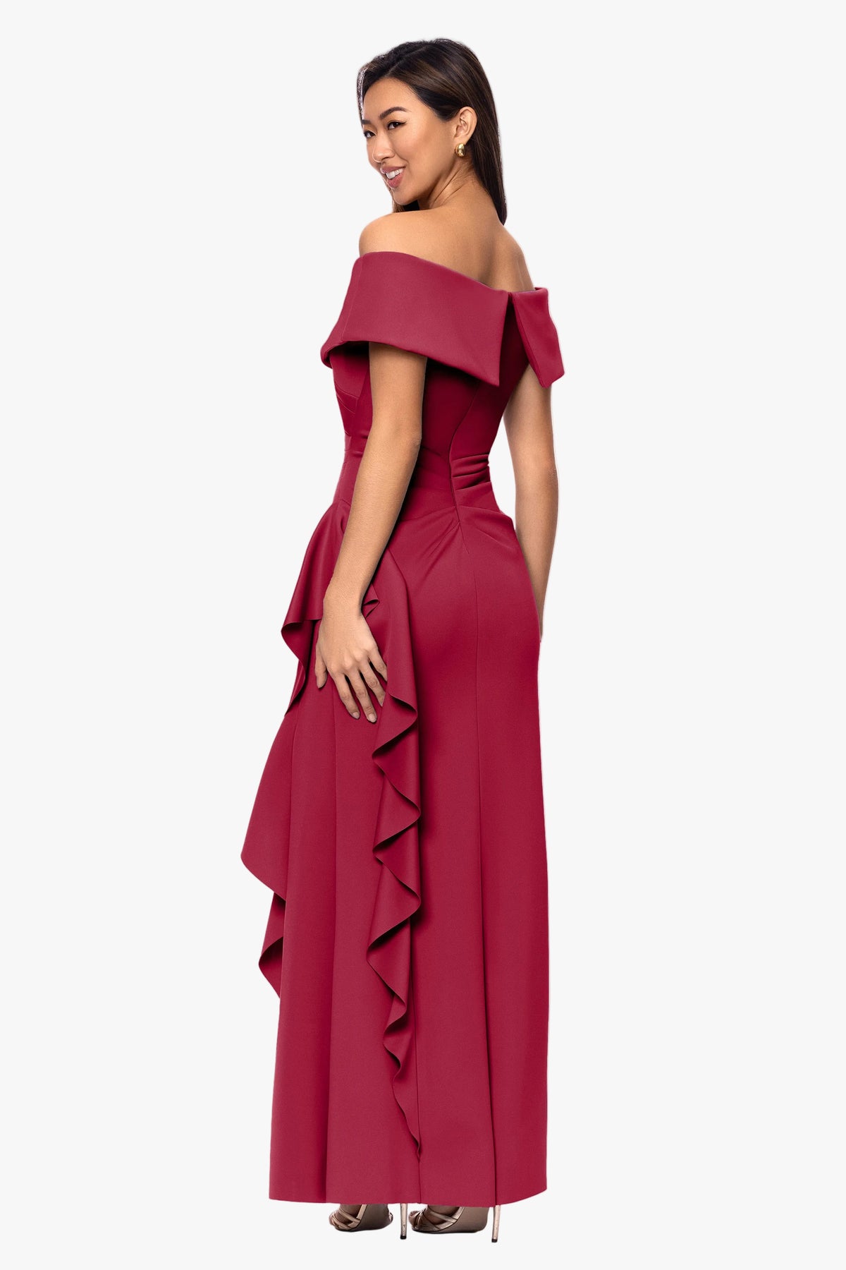 Petite "Pearl" Techno Scuba Off the Shoulder Ruffle Dress